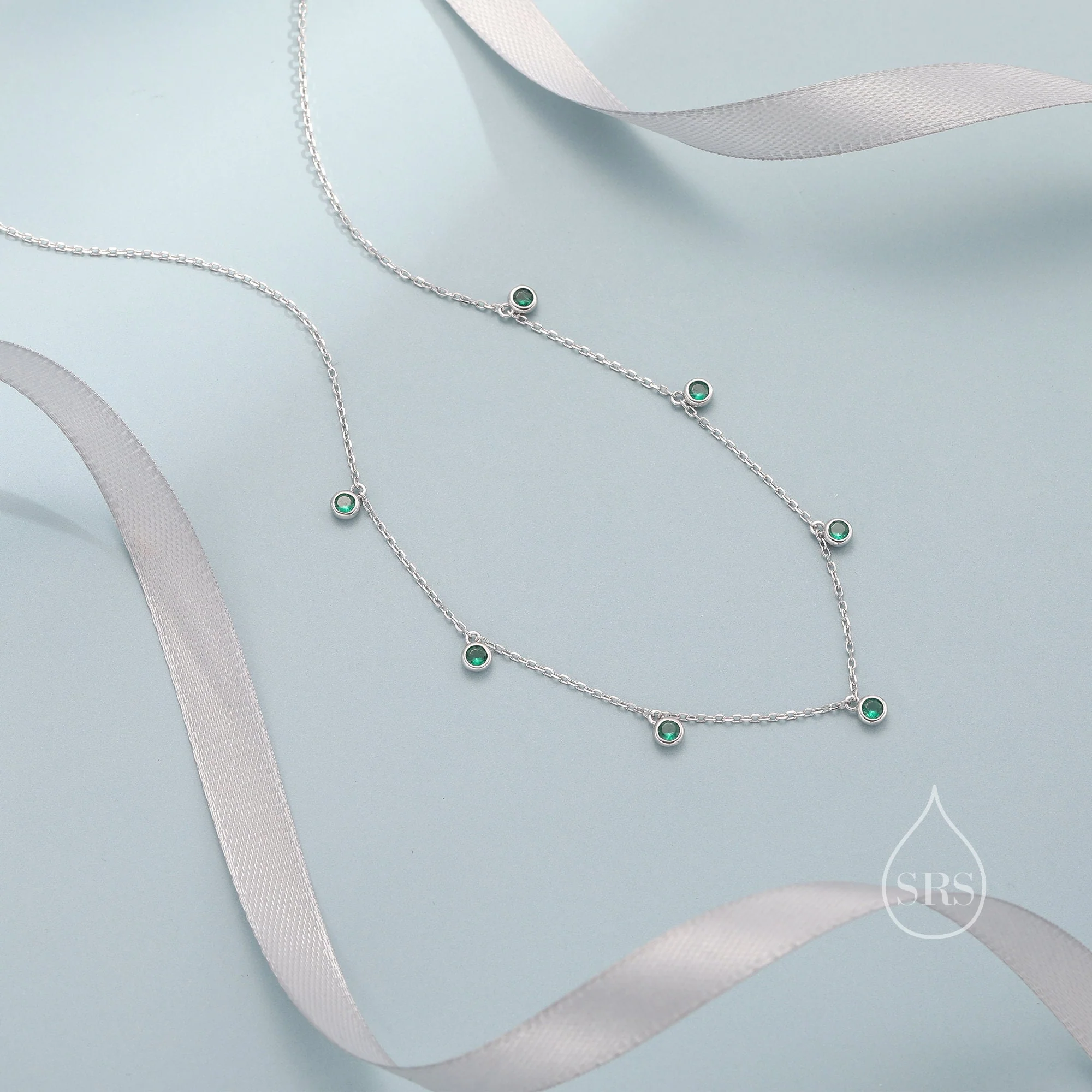 Emerald Green CZ Dangle Necklace in Sterling Silver, Silver or Gold or Rose Gold, Satellite Crystal Necklace, Solid Silver Motif Necklace - Image 4