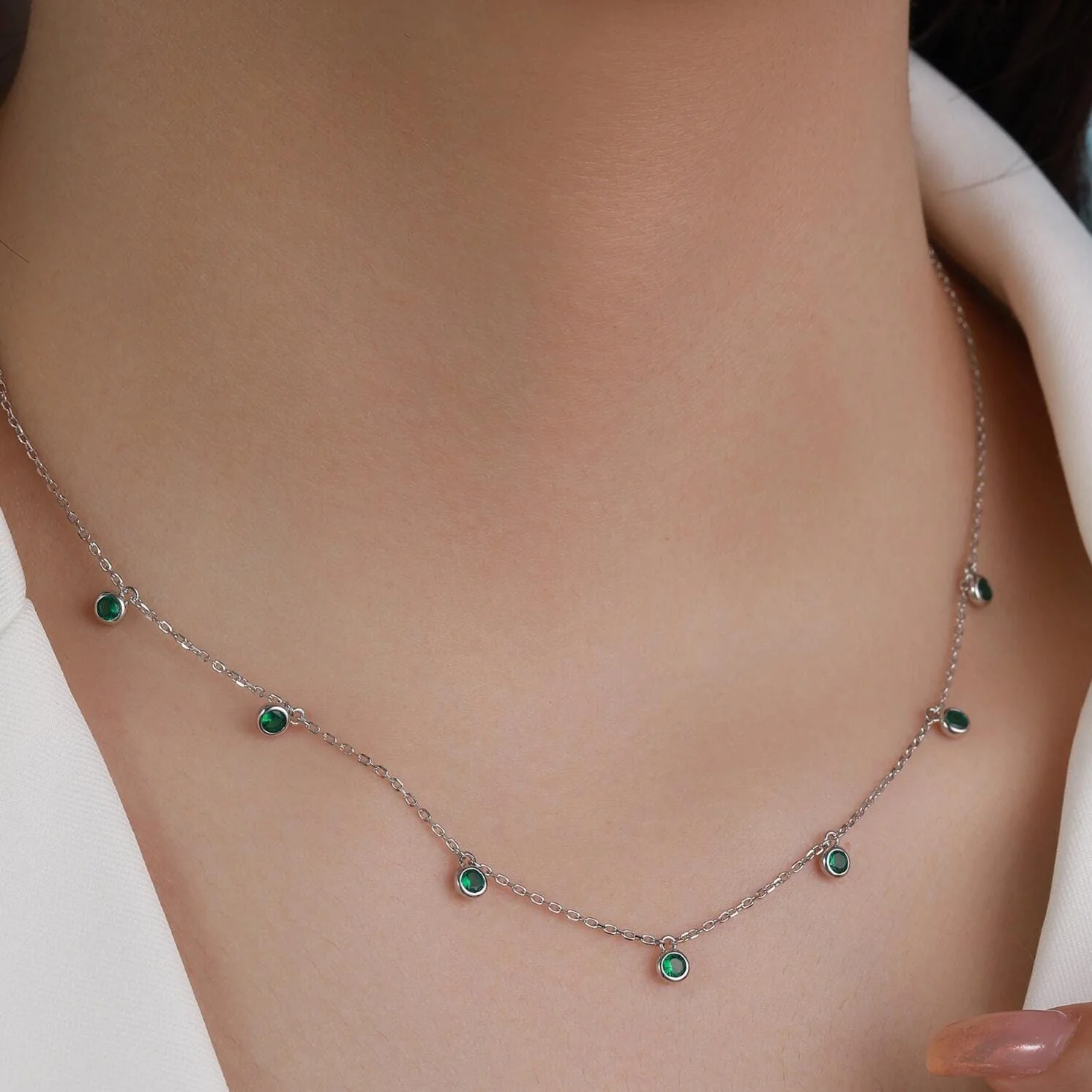 Emerald Green CZ Dangle Necklace in Sterling Silver, Silver or Gold or Rose Gold, Satellite Crystal Necklace, Solid Silver Motif Necklace - Image 5