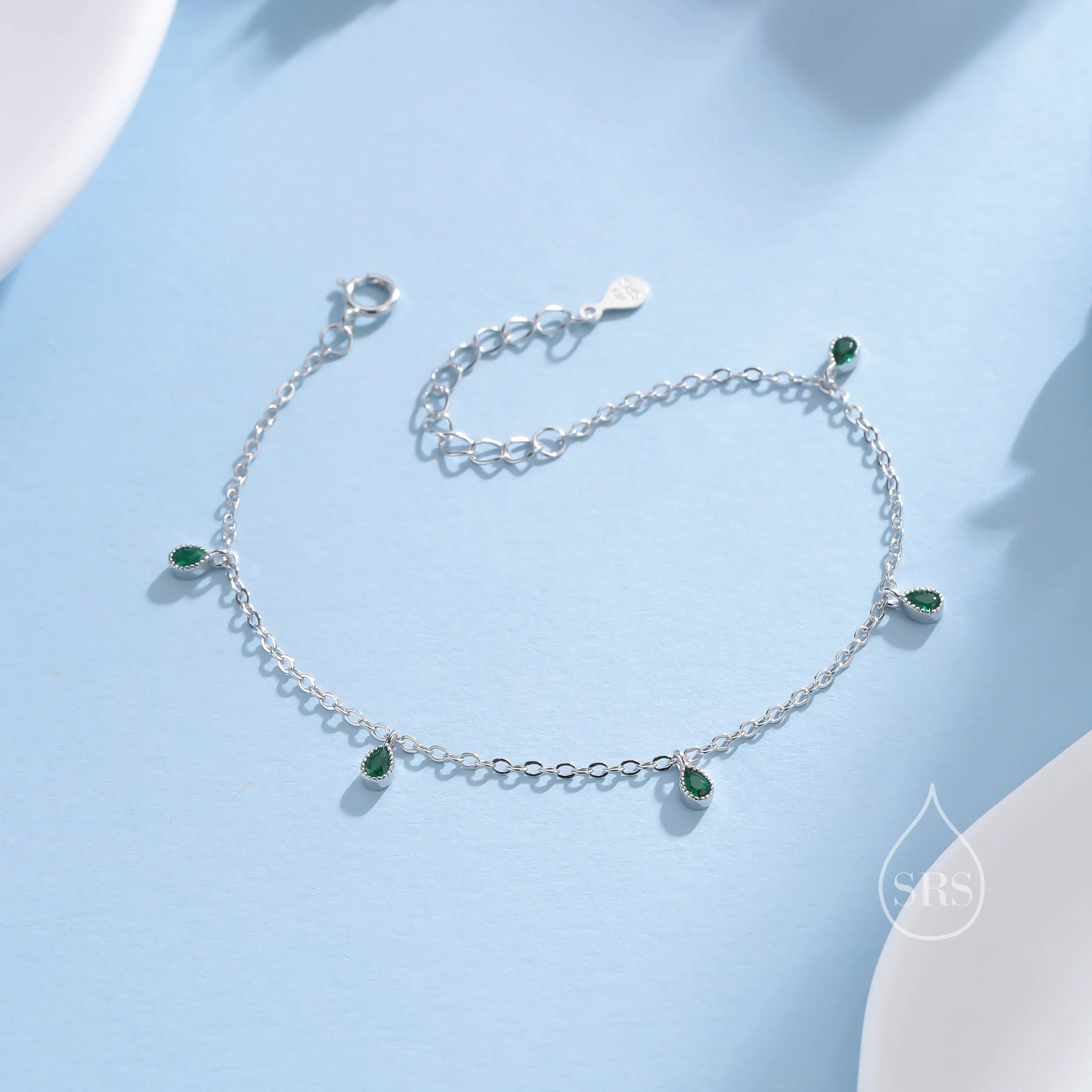 Emerald Green CZ Droplet Bracelet in Sterling Silver, Silver or Gold, Silver Blue CZ Pear Cut Bezel Bracelet, CZ Cluster Bracelet - Image 2