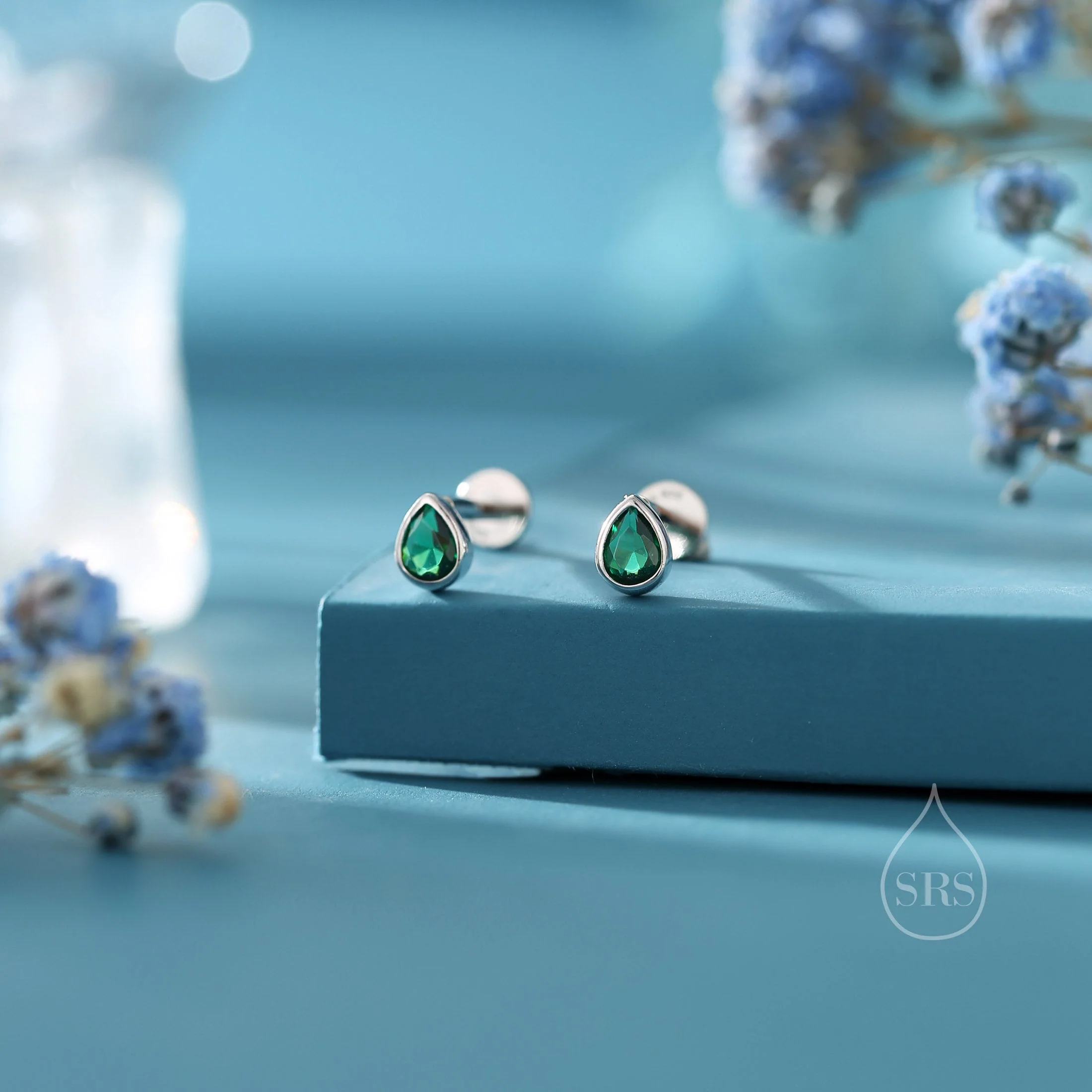 Emerald Green CZ Droplet Internally Threaded Flat Back/ Screw Back / Stud Earrings in Sterling Silver, Silver or Gold or Rose Gold, - Image 9