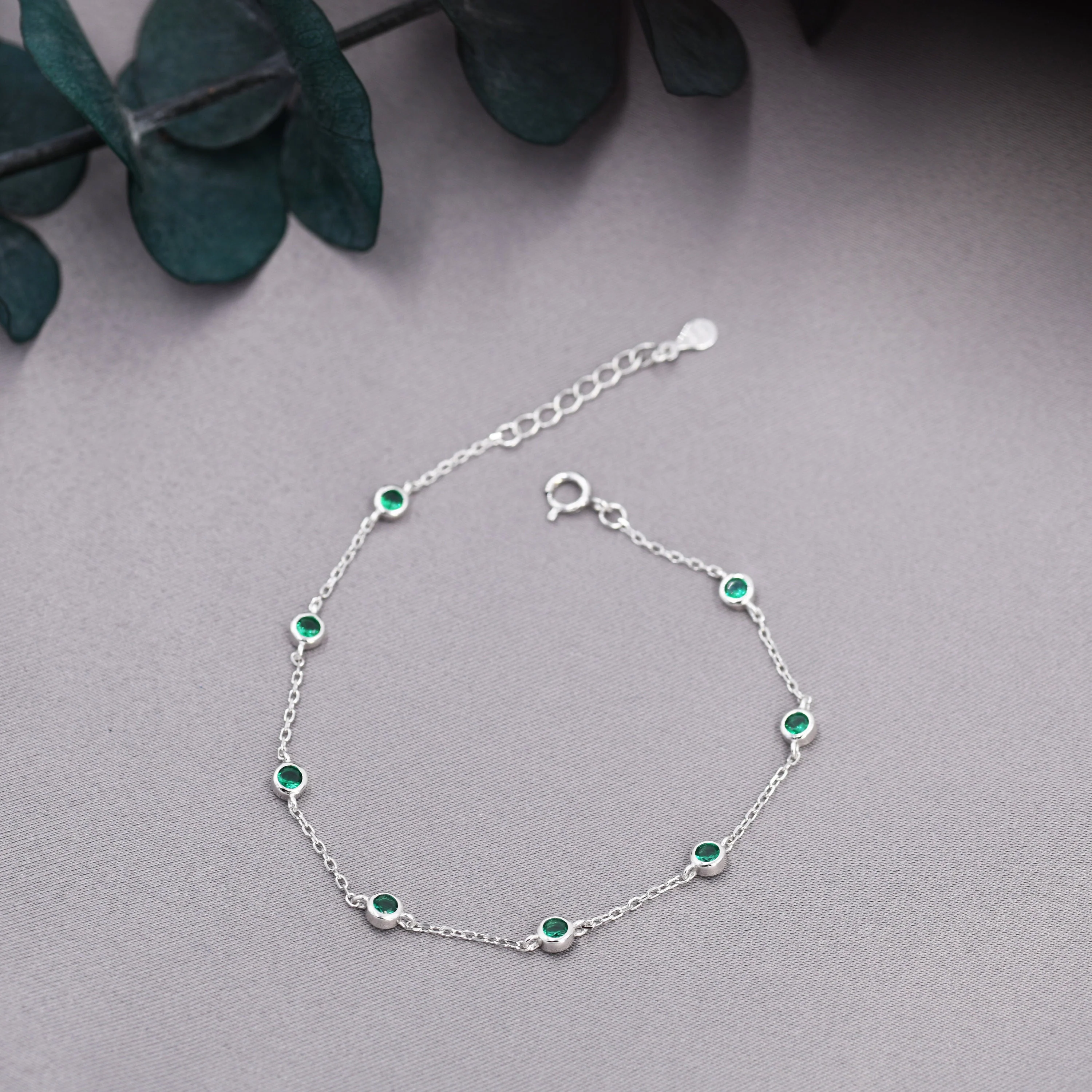 Emerald Green CZ Floating Bracelet or Anklet in Sterling Silver, Silver or Gold, Satellite Crystal Bracelet or Anklet, Solid Silver Bracelet - Image 3