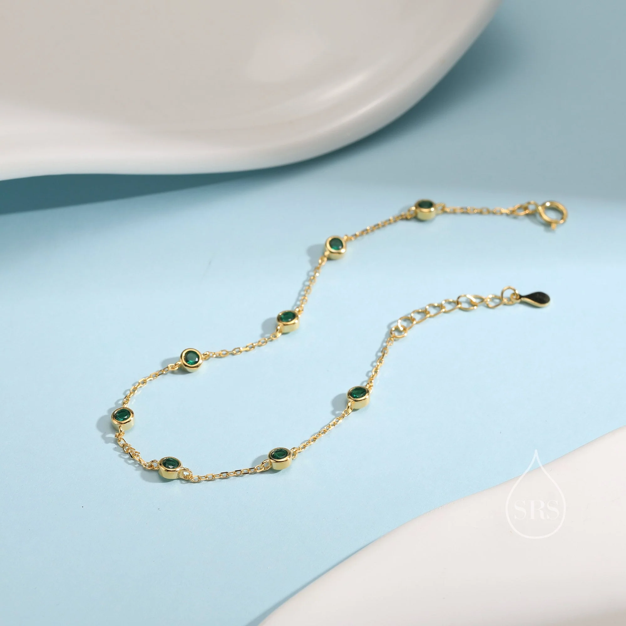 Emerald Green CZ Floating Bracelet or Anklet in Sterling Silver, Silver or Gold, Satellite Crystal Bracelet or Anklet, Solid Silver Bracelet - Image 6