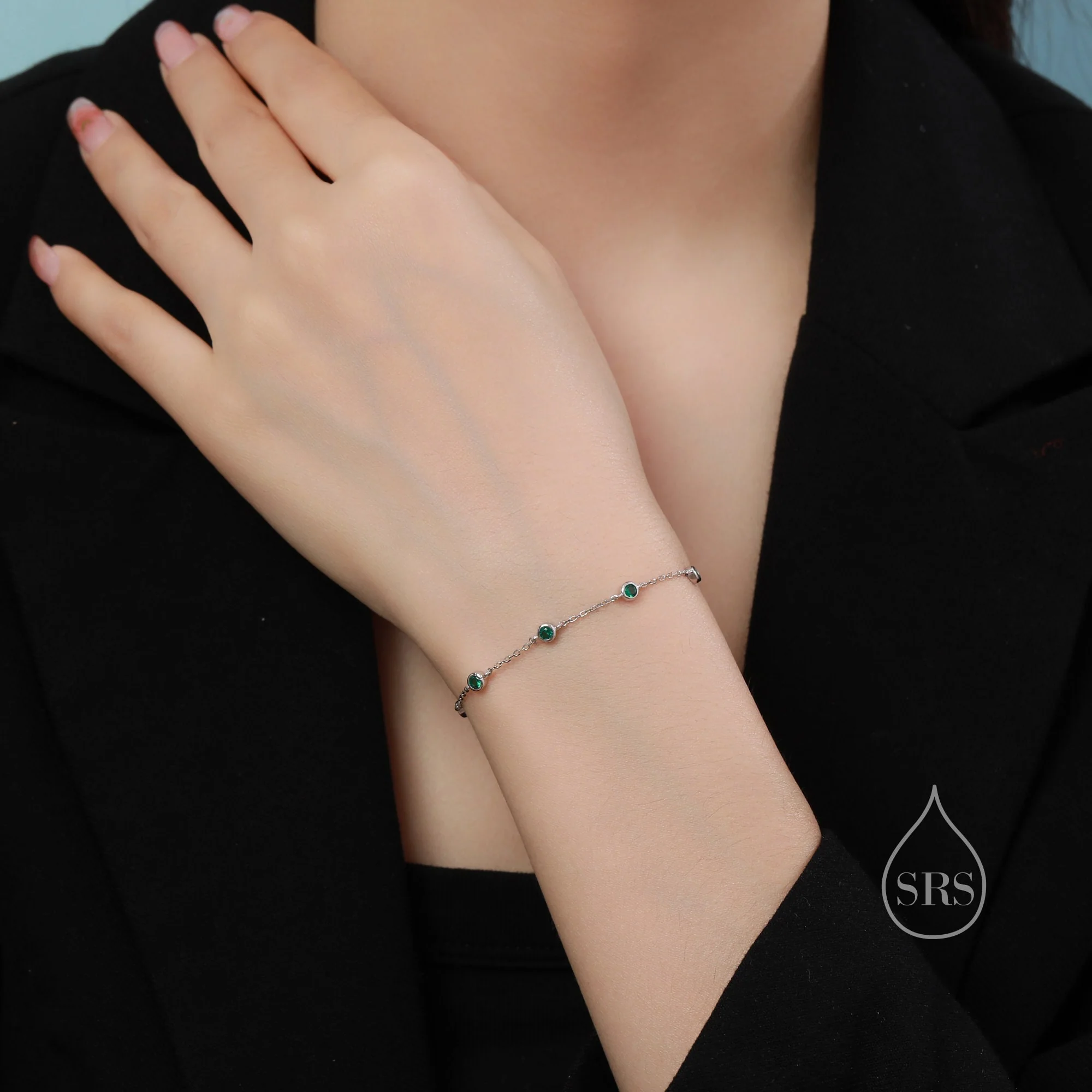 Emerald Green CZ Floating Bracelet or Anklet in Sterling Silver, Silver or Gold, Satellite Crystal Bracelet or Anklet, Solid Silver Bracelet - Image 7