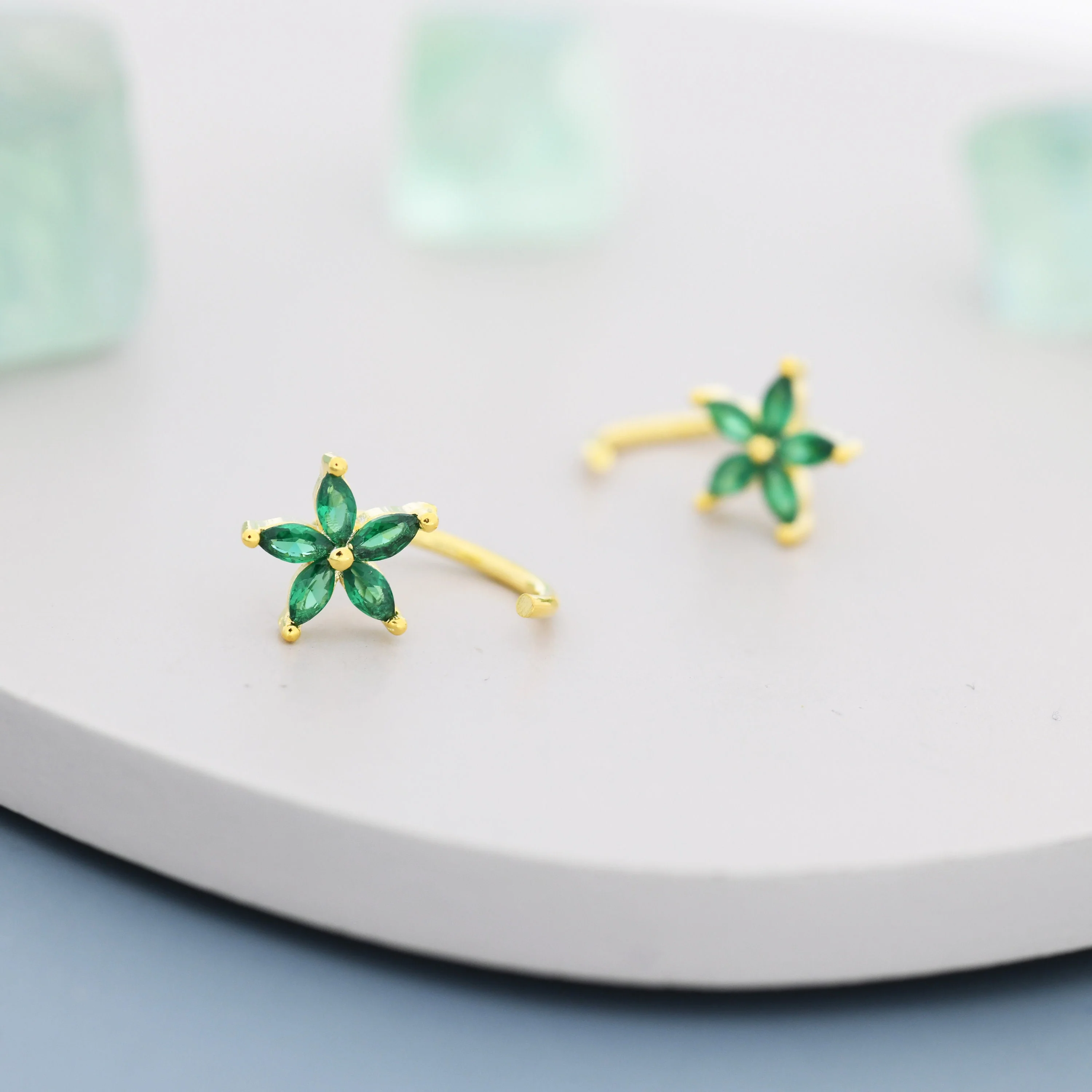 Emerald Green CZ Flower Huggie Hoop Earrings in Sterling Silver,  Gold or Silver, Marquise CZ Flower Threader Hoop Earrings, Pull Through - Image 4