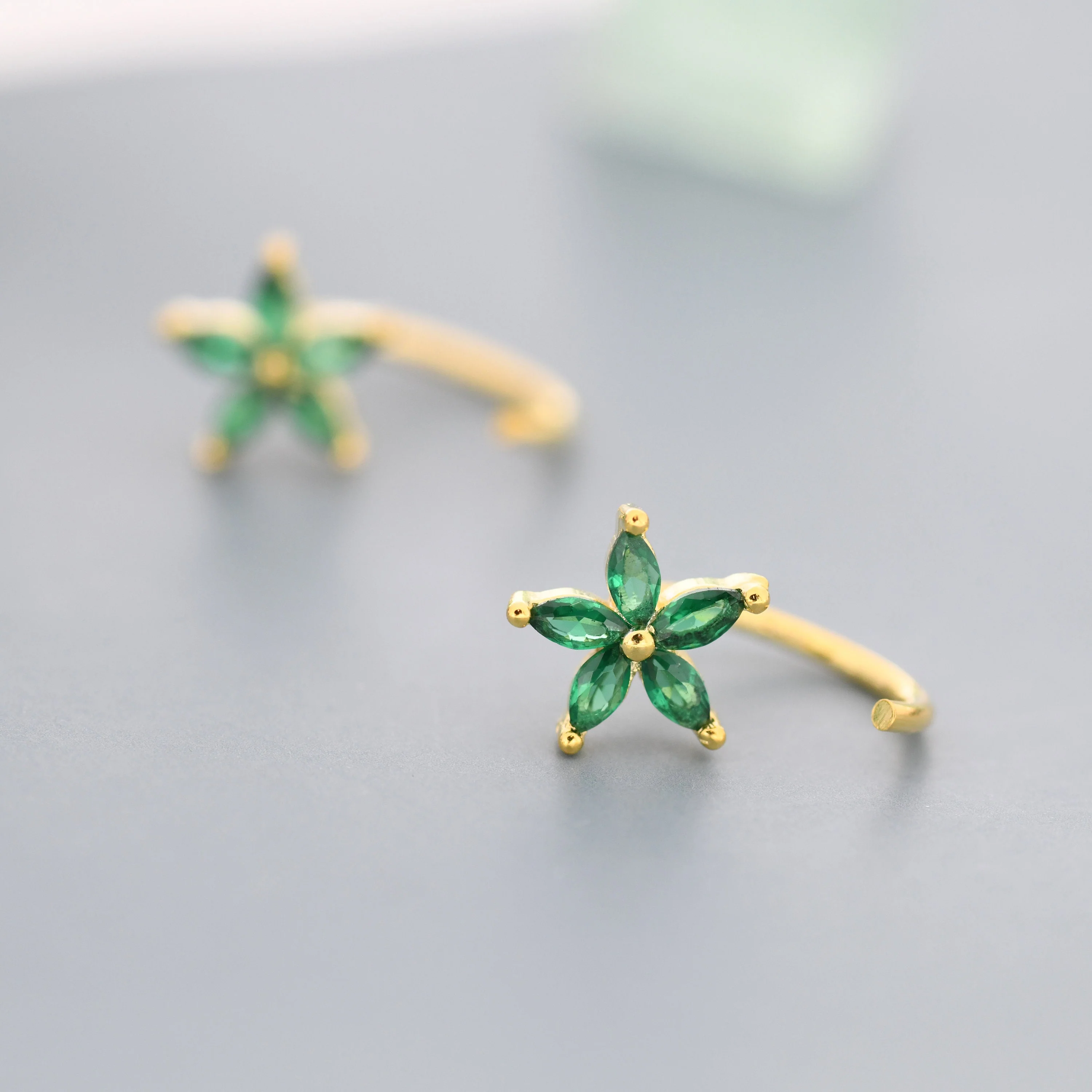 Emerald Green CZ Flower Huggie Hoop Earrings in Sterling Silver,  Gold or Silver, Marquise CZ Flower Threader Hoop Earrings, Pull Through - Image 7