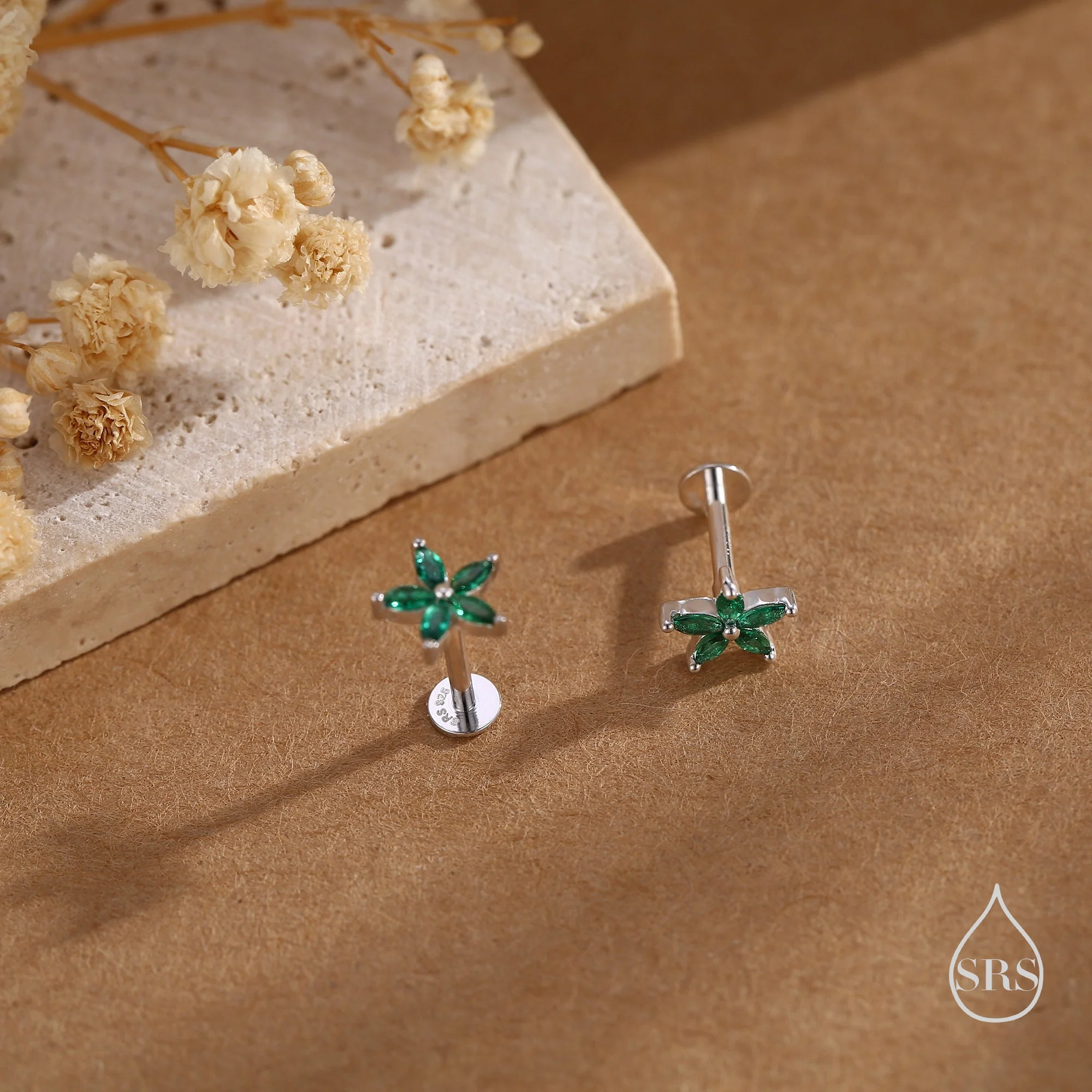 Emerald Green CZ Flower Internally Threaded Flat Back Earrings/ Screw Back /Stud Earrings in Sterling Silver, - Image 9