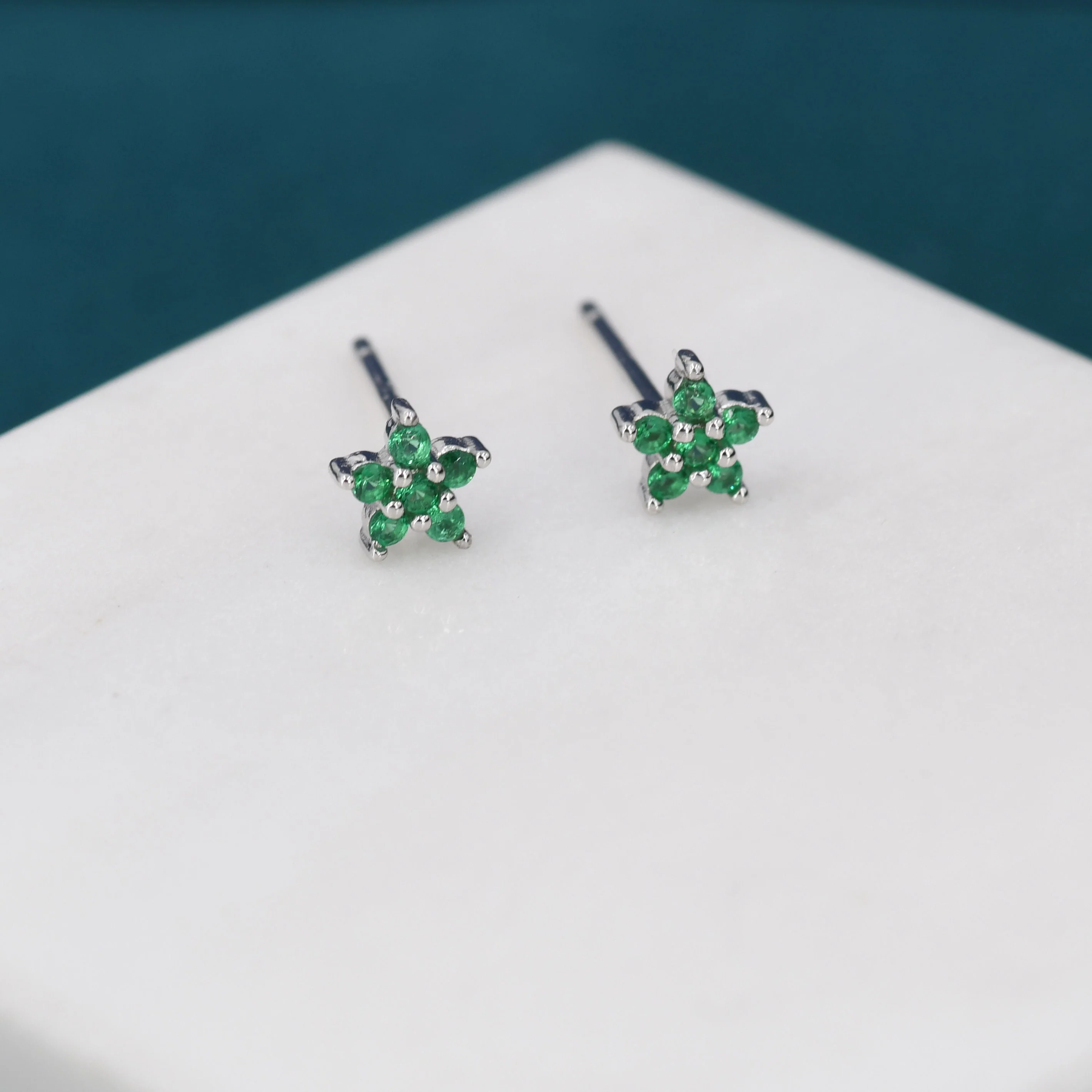 Emerald Green CZ Flower Stud Earrings in Sterling Silver, Silver or Gold, Green Crystal Flower Earrings, Stacking Earrings - Image 2