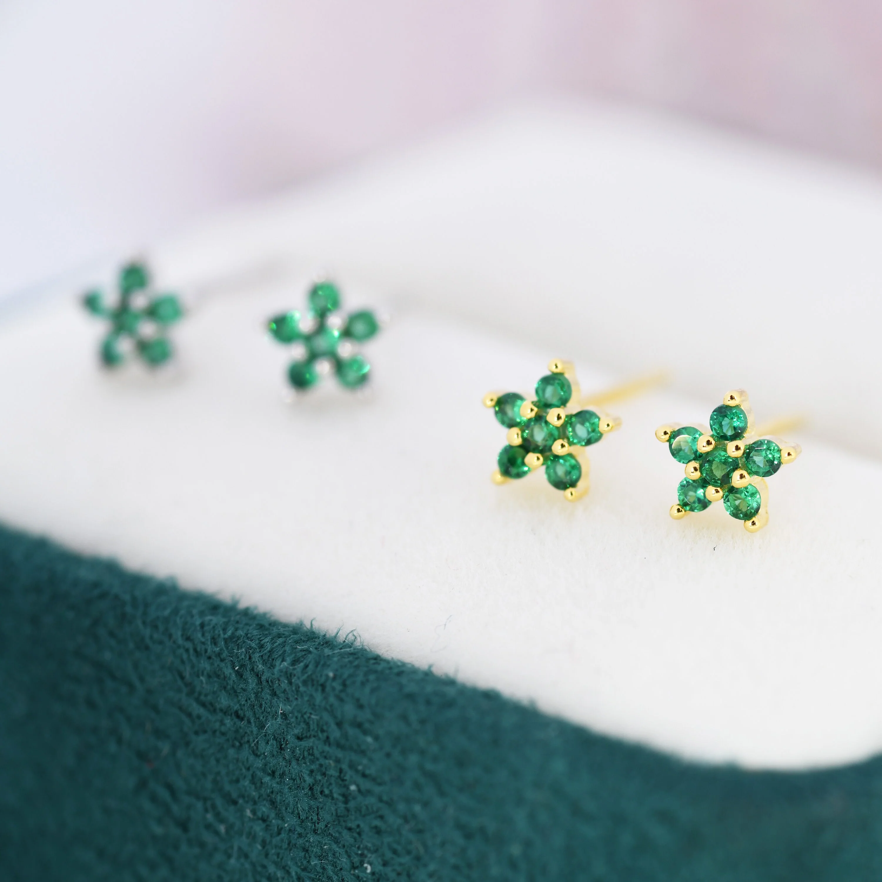 Emerald Green CZ Flower Stud Earrings in Sterling Silver, Silver or Gold, Green Crystal Flower Earrings, Stacking Earrings - Image 5