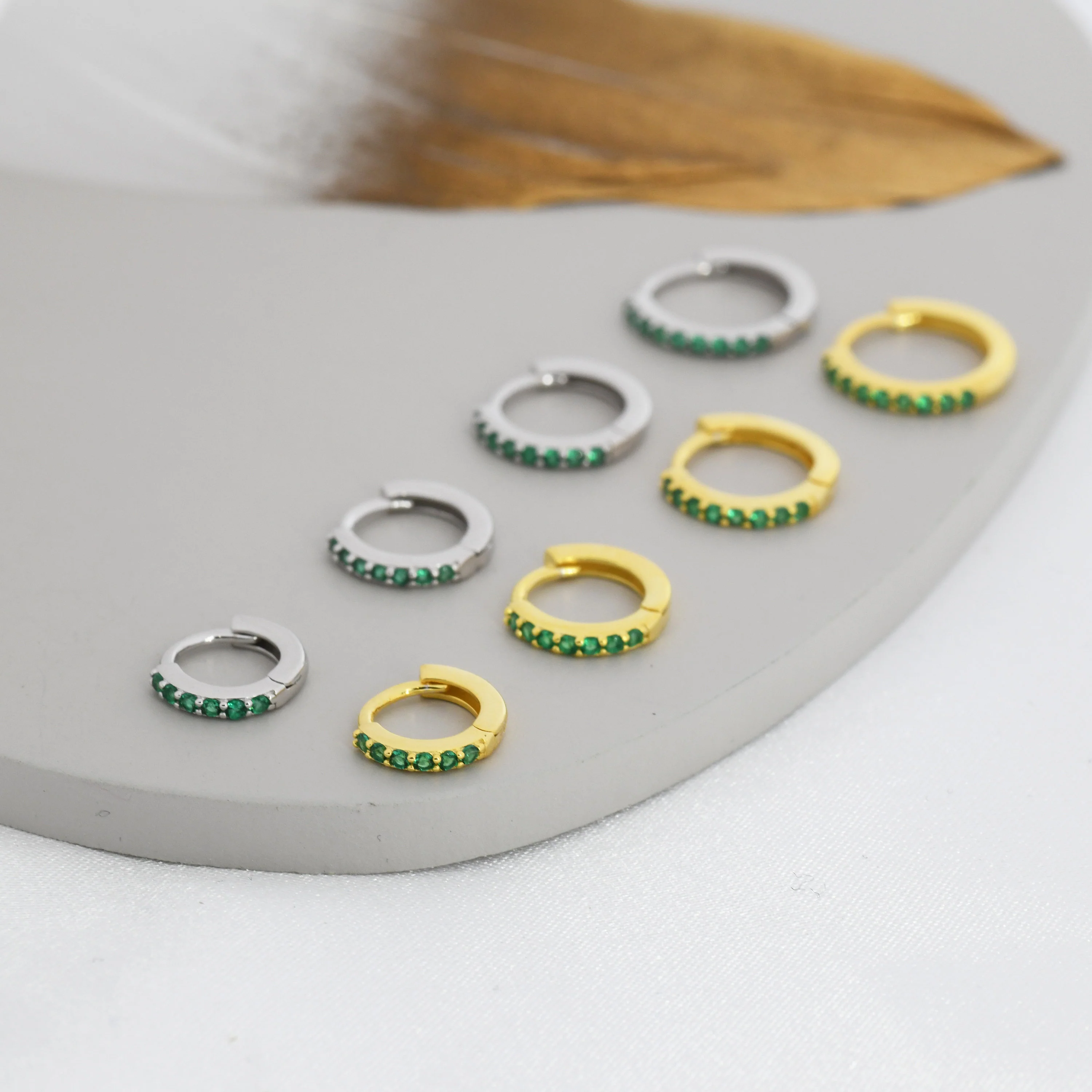 Emerald Green CZ Huggie Hoops in Sterling Silver, Silver or Gold, Minimalist Hoop Earrings, 6mm, 7mm, 8mm Hoops, cartilage hoops, - Image 3