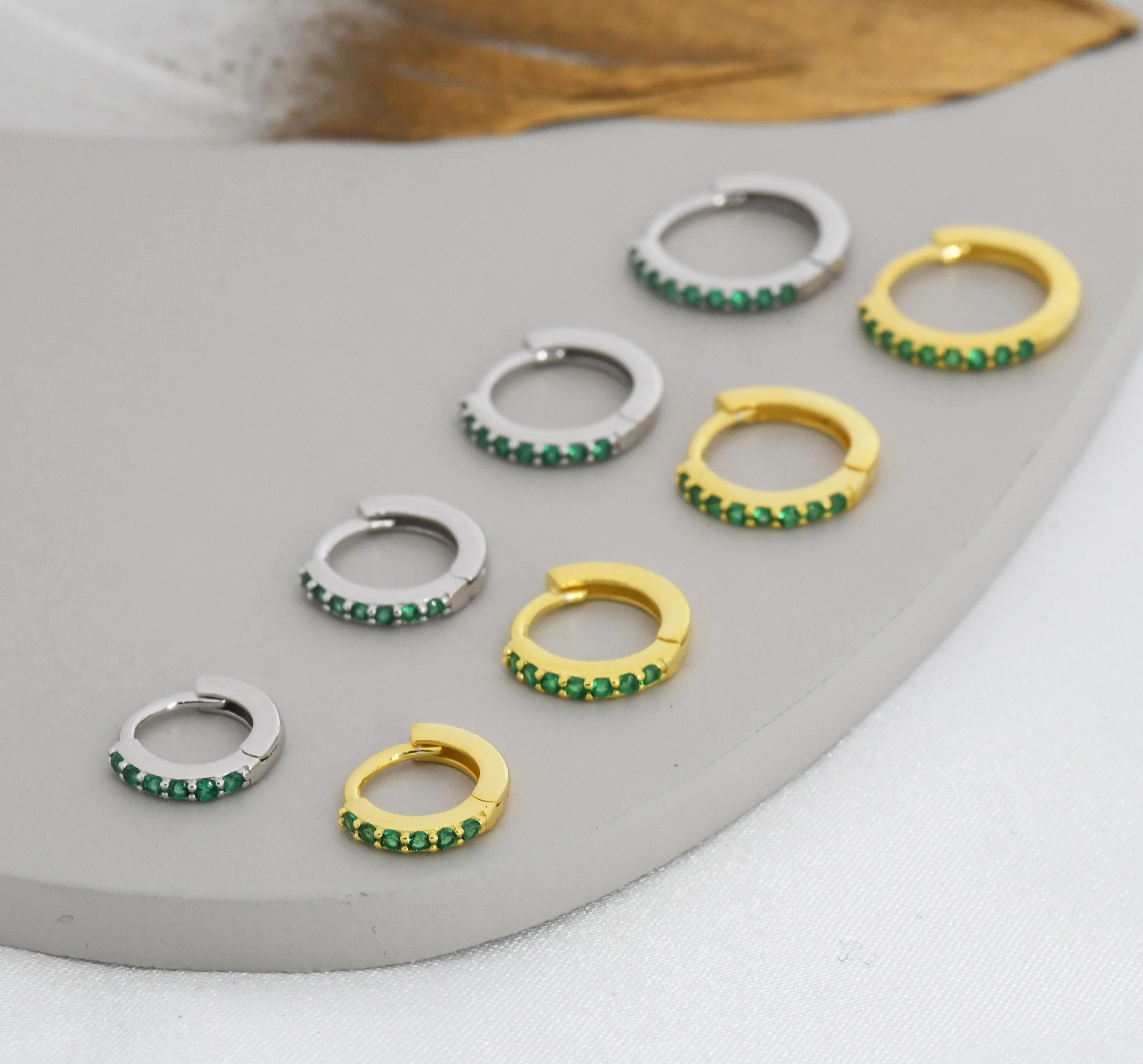 Emerald Green CZ Huggie Hoops in Sterling Silver, Silver or Gold, Minimalist Hoop Earrings, 6mm, 7mm, 8mm Hoops, cartilage hoops, - Image 4