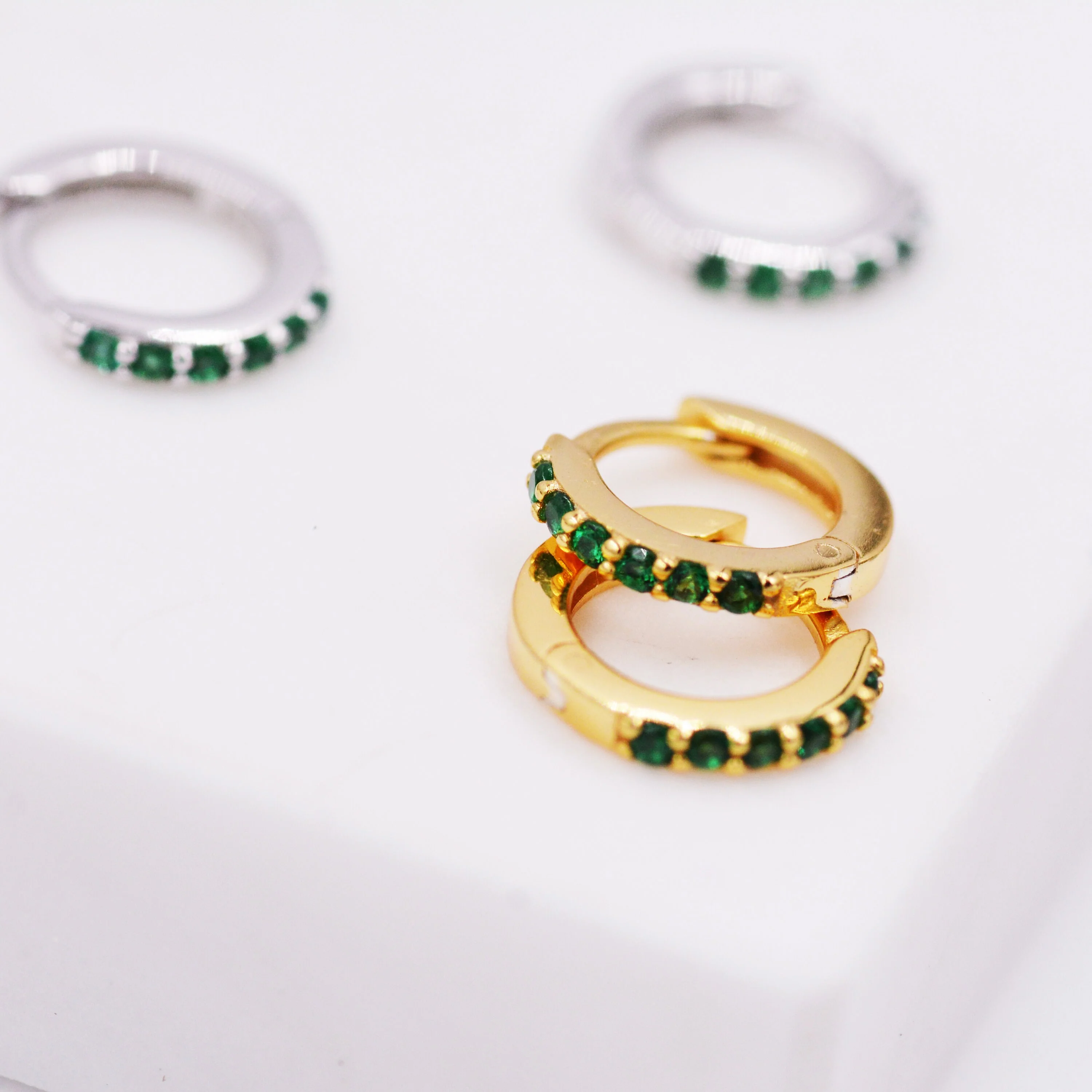Emerald Green Crystal Huggie Hoop Earrings in Sterling Silver with Pave CZ Crystals, Gold or Silver, Tiny and Dainty, Simple Hoop Earrings - Image 6
