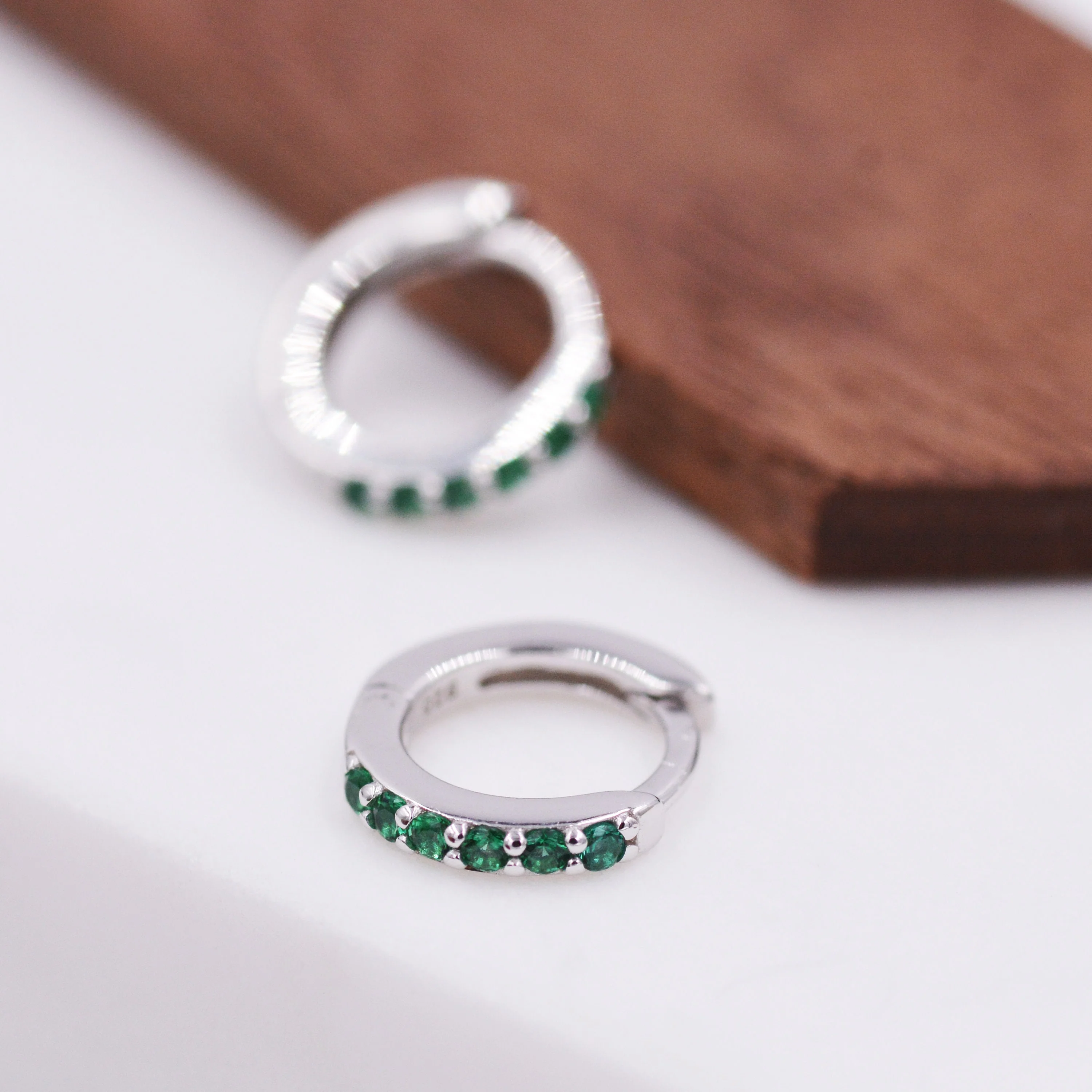 Emerald Green Crystal Huggie Hoop Earrings in Sterling Silver with Pave CZ Crystals, Gold or Silver, Tiny and Dainty, Simple Hoop Earrings - Image 8