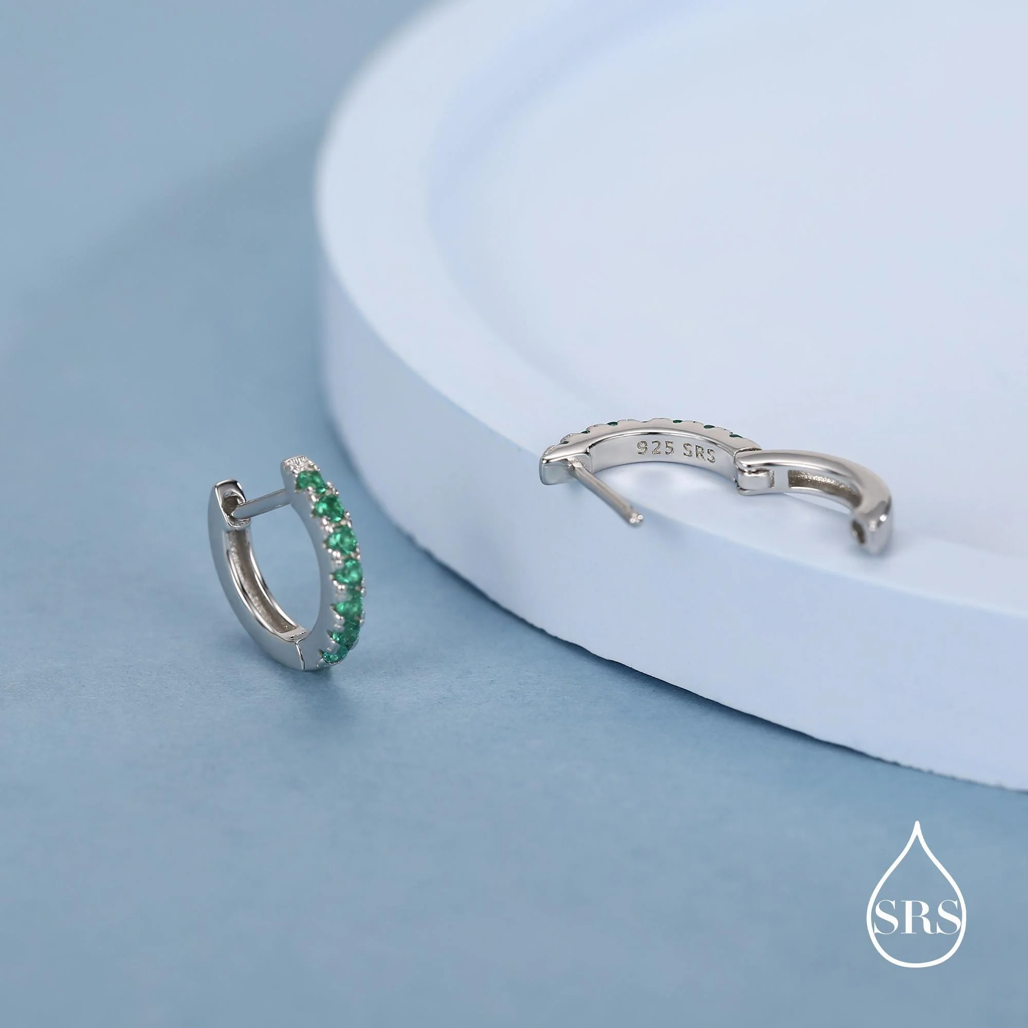 Emerald Green CZ Huggie Hoops in Sterling Silver, Silver or Gold, Minimalist Hoop Earrings, 8mm Hoops, Green Crystal Hoops - Image 6