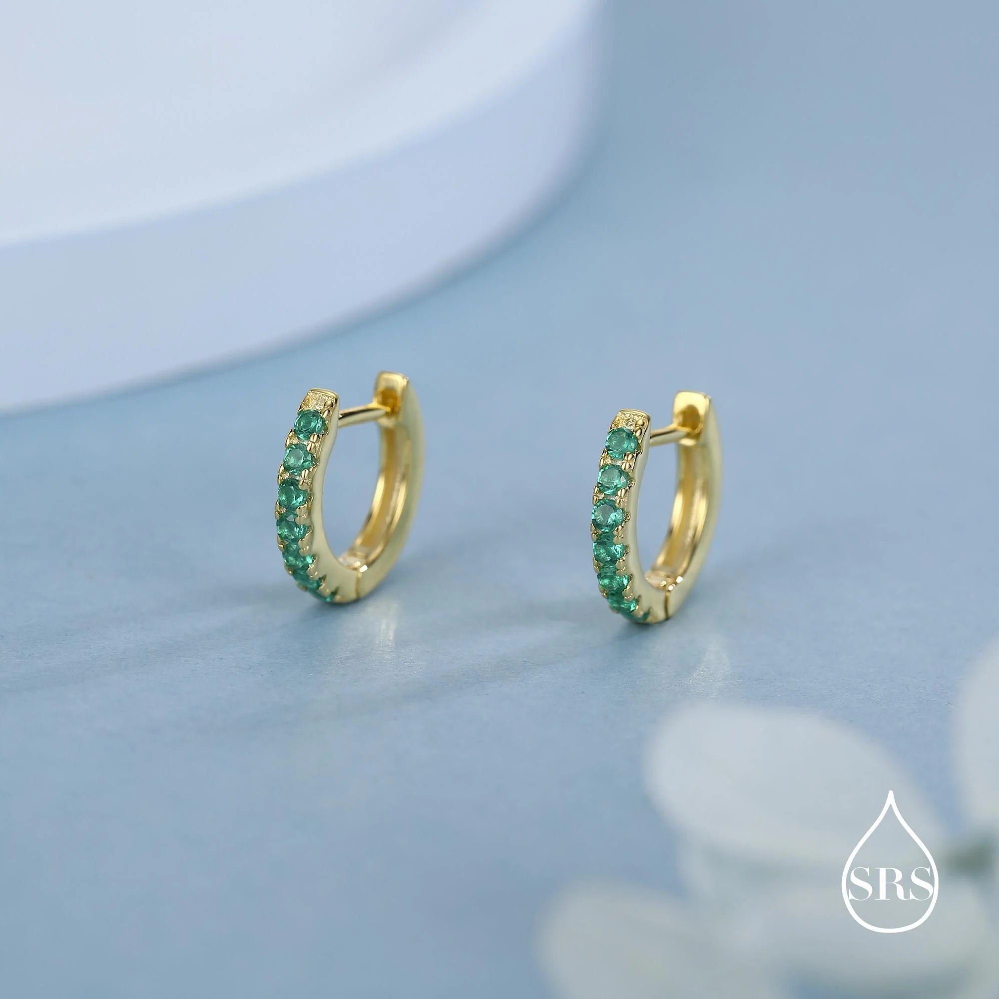 Emerald Green CZ Huggie Hoops in Sterling Silver, Silver or Gold, Minimalist Hoop Earrings, 8mm Hoops, Green Crystal Hoops - Image 8