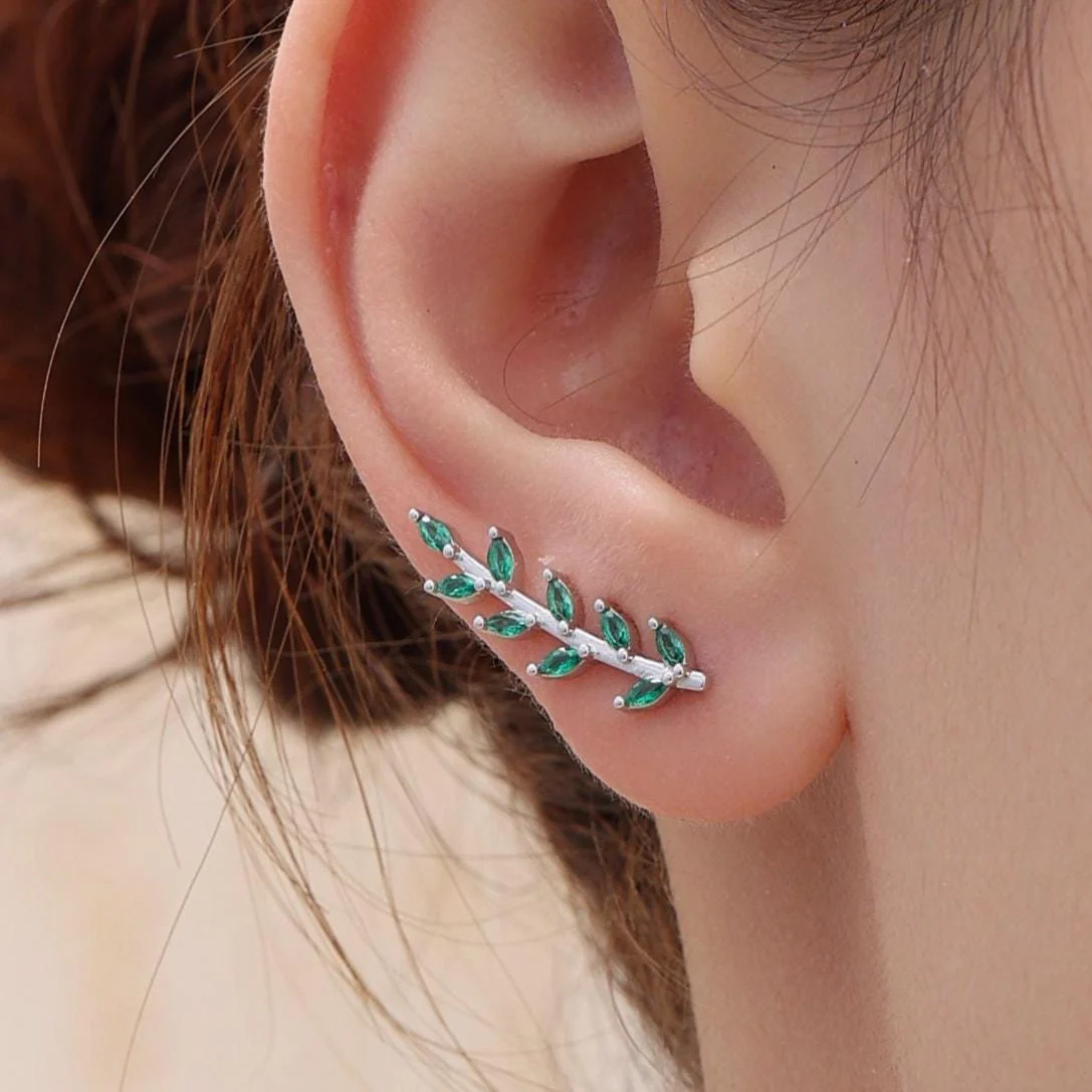 Emerald Green CZ Leaf Crawler Earrings in Sterling Silver, Silver, Gold or Rose Gold, Olive Branch Climber Earrings, Nature Inspired Earring - Image 2