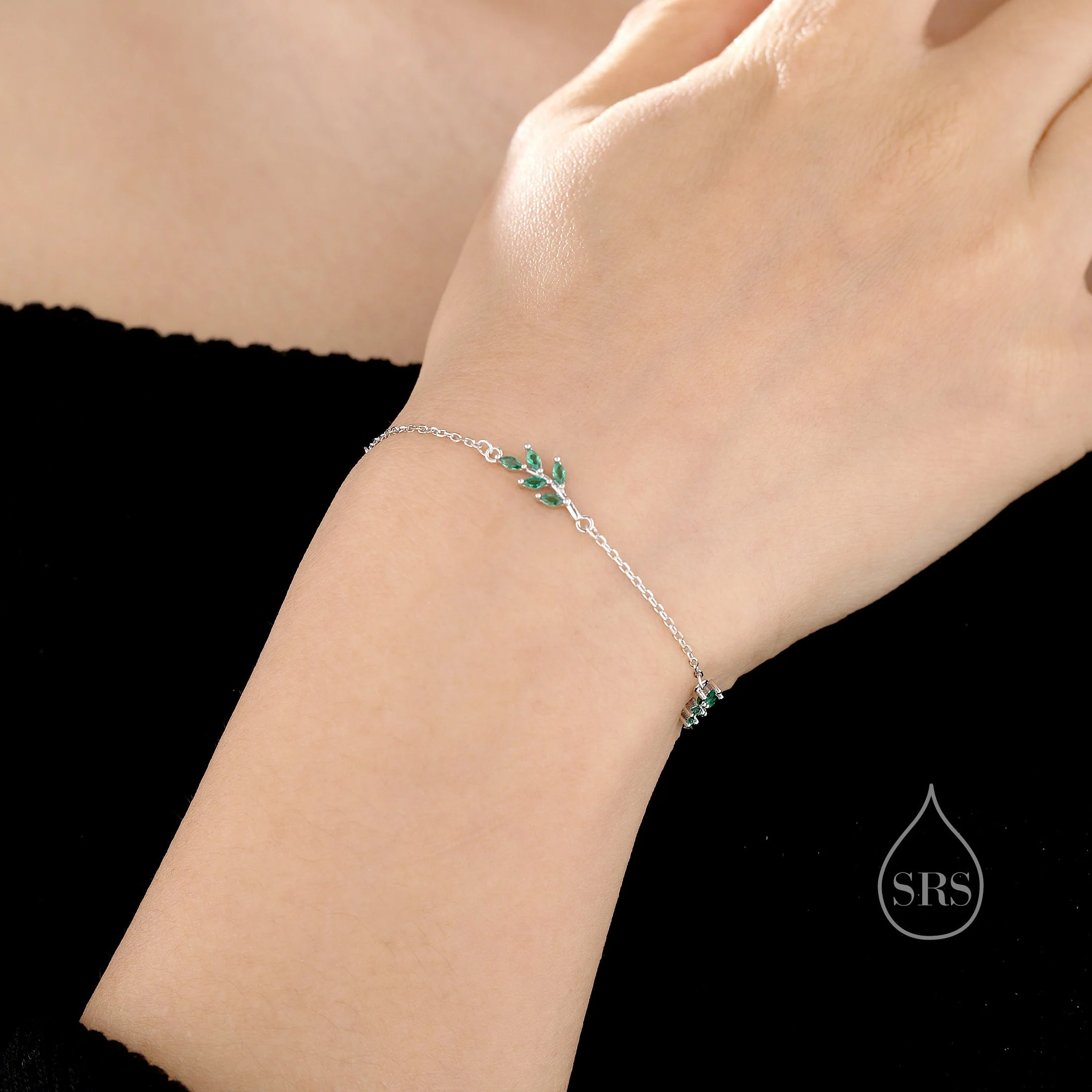 Emerald Green CZ Leaf Motif Bracelet in Sterling Silver, Silver or Gold, Crystal Olive Leaf Bracelet, Olive Branch Bracelet - Image 2