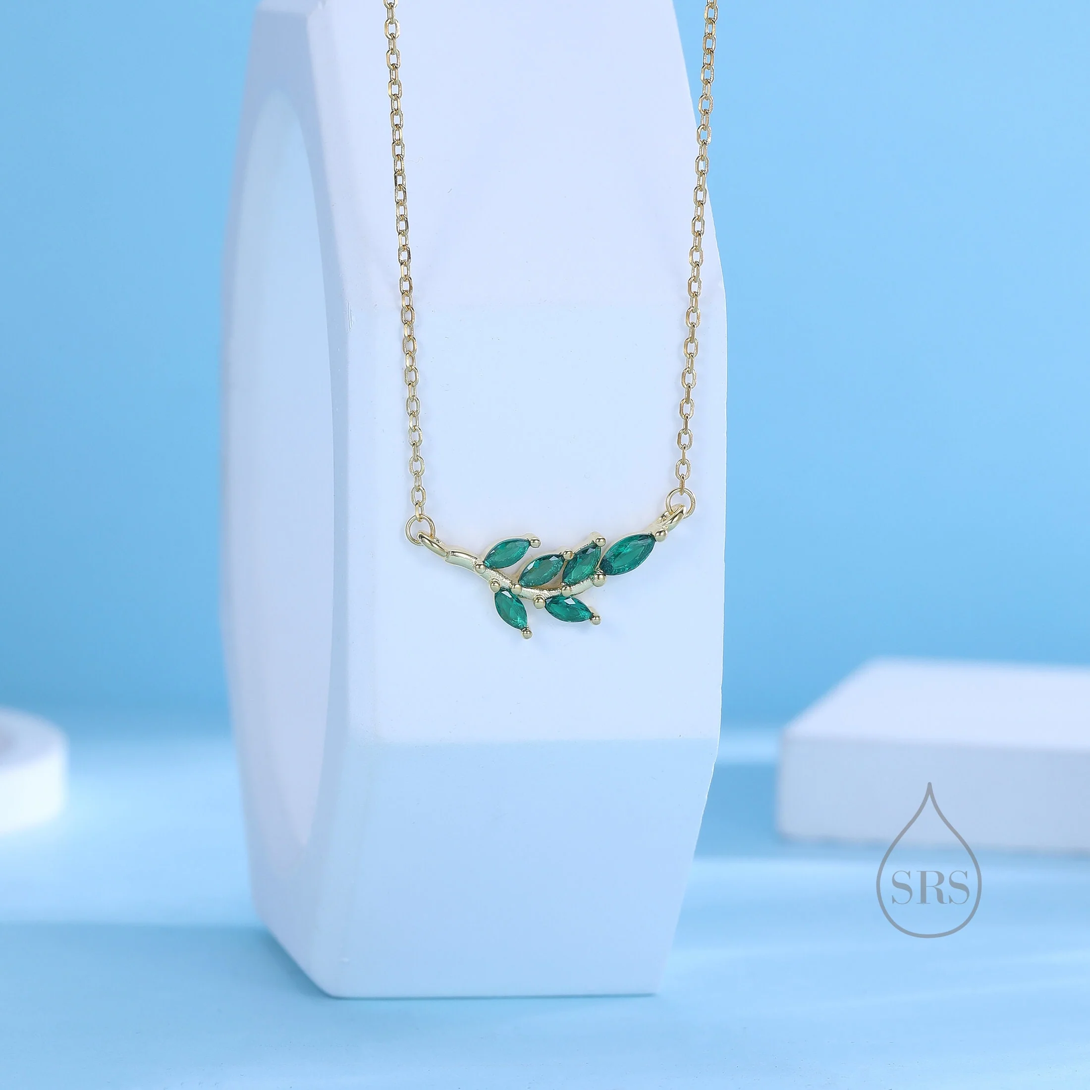 Emerald Green CZ Leaf Pendant Necklace in Sterling Silver, Silver or Gold, Olive Leaf Necklace, Olive Branch Necklace, Nature Inspired - Image 3