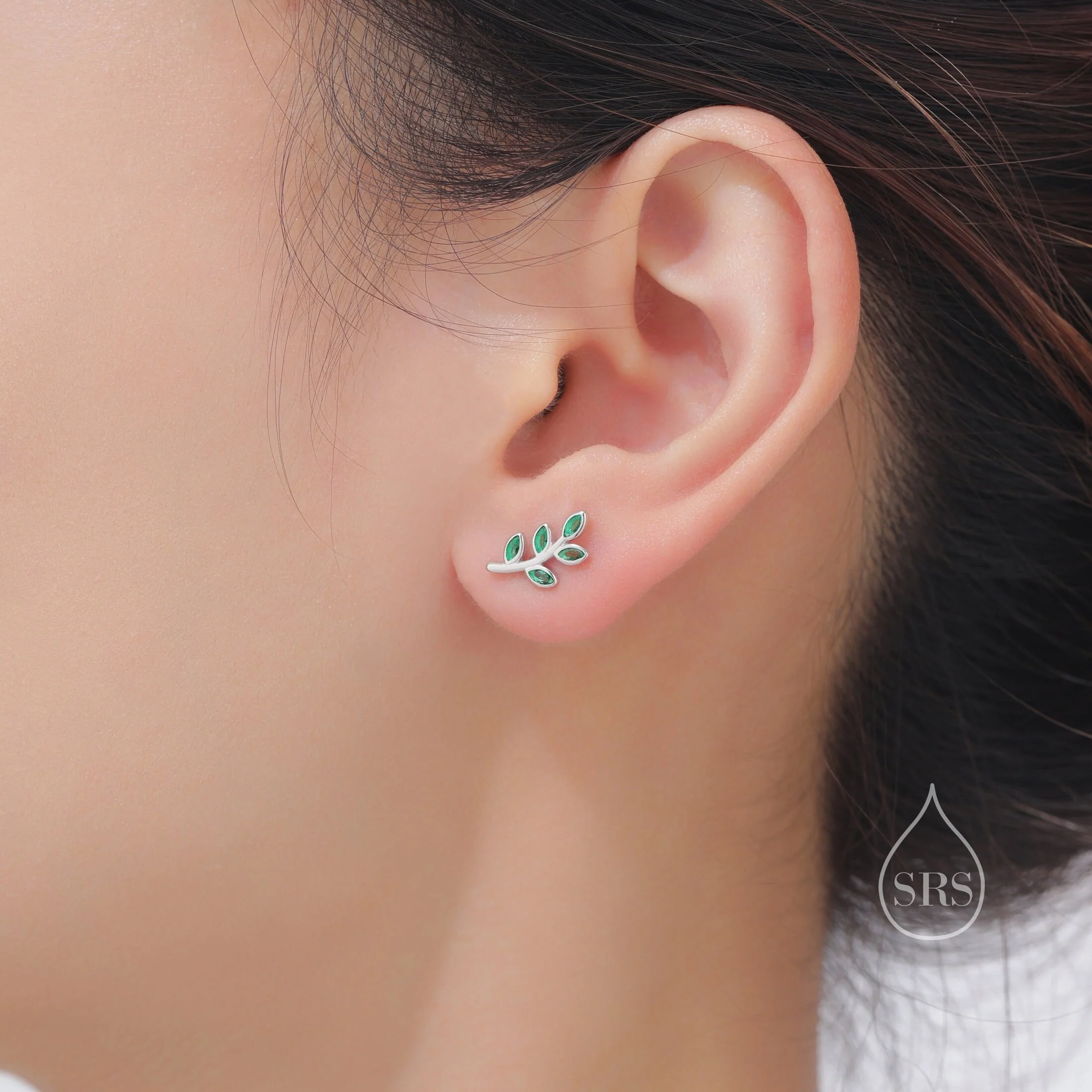 Emerald Green CZ Leaf Stud Earrings in Sterling Silver, Silver or Gold, Tiny Olive Branch Earrings, Olive Leaf Earrings, Nature Inspired