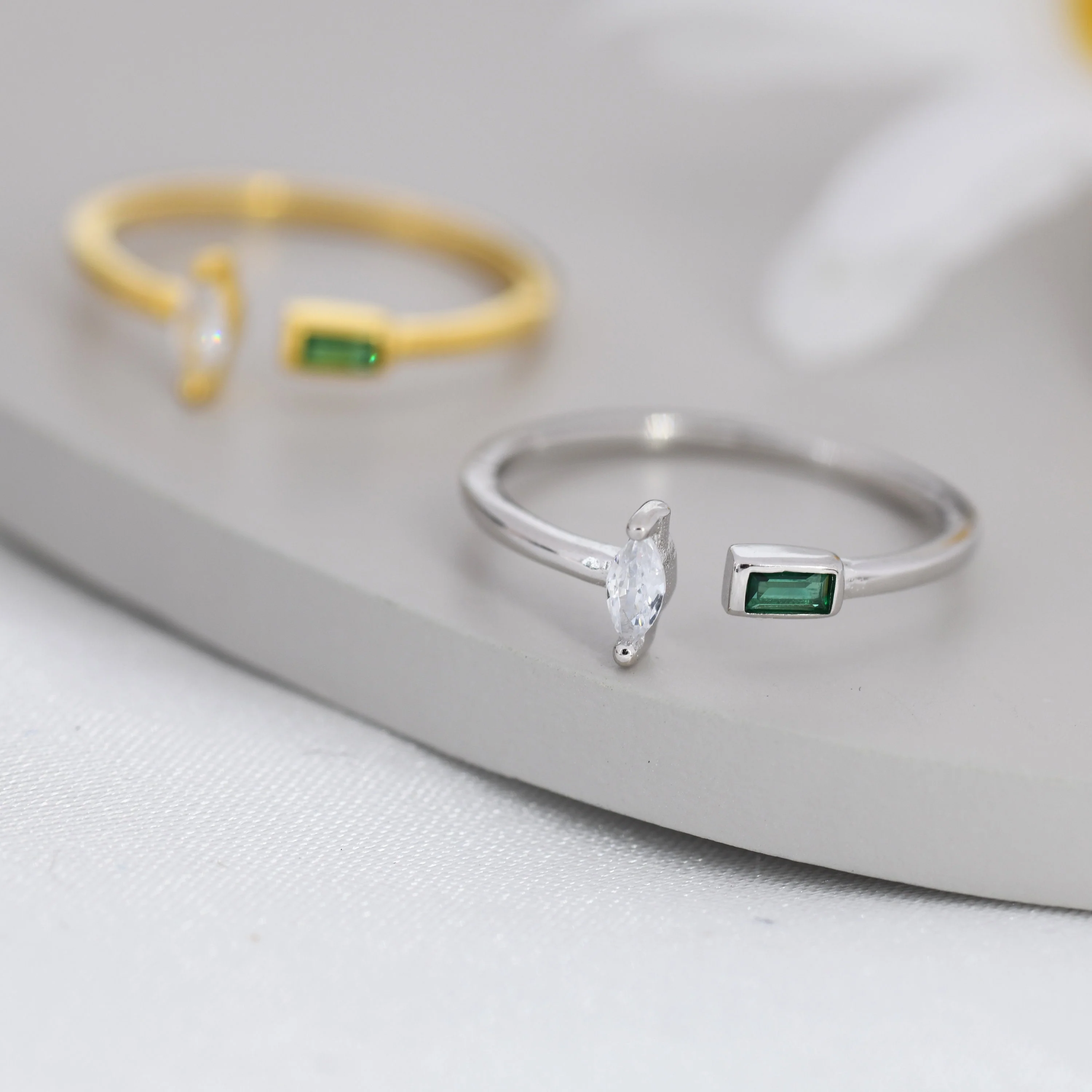 Emerald Green CZ Marquise and Baguette Open Ring in Sterling Silver, Silver or Gold, Adjustable, Geometric Minimalist CZ Ring - Image 2