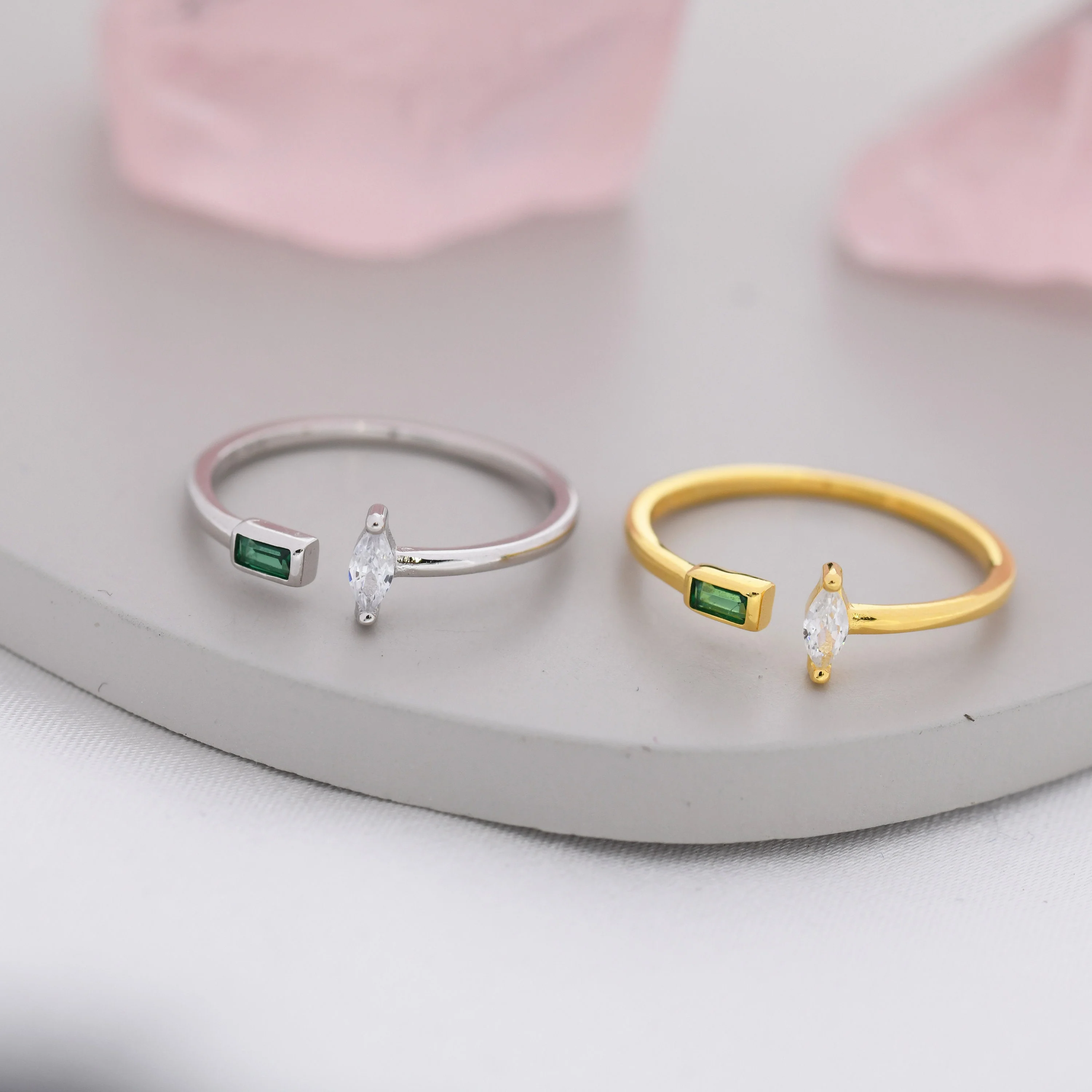 Emerald Green CZ Marquise and Baguette Open Ring in Sterling Silver, Silver or Gold, Adjustable, Geometric Minimalist CZ Ring - Image 7