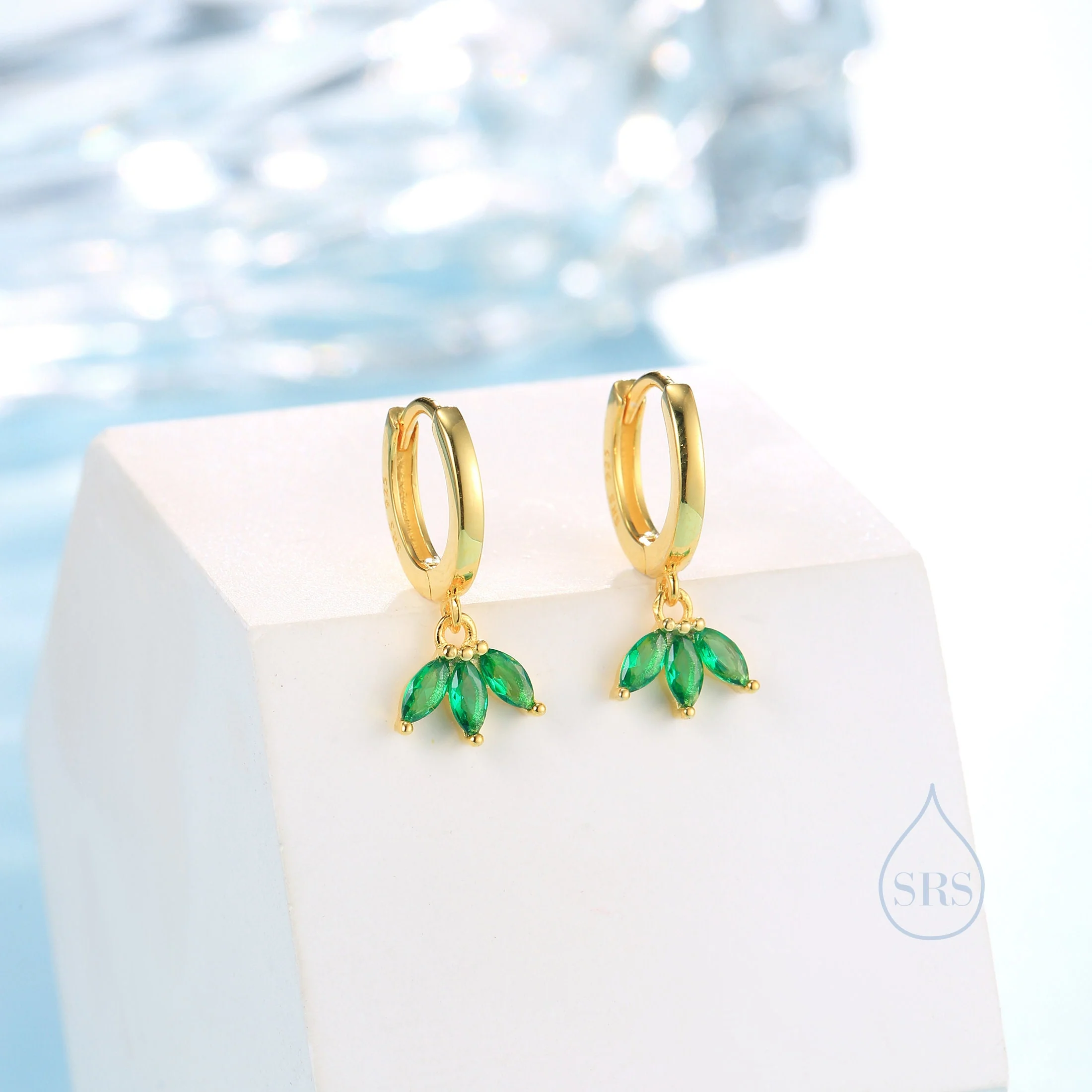 Emerald Green CZ Marquise Crown Huggie Hoop Earrings in Sterling Silver, Silver or Gold, Geometric Hoop Earrings, May Birthstone - Image 4