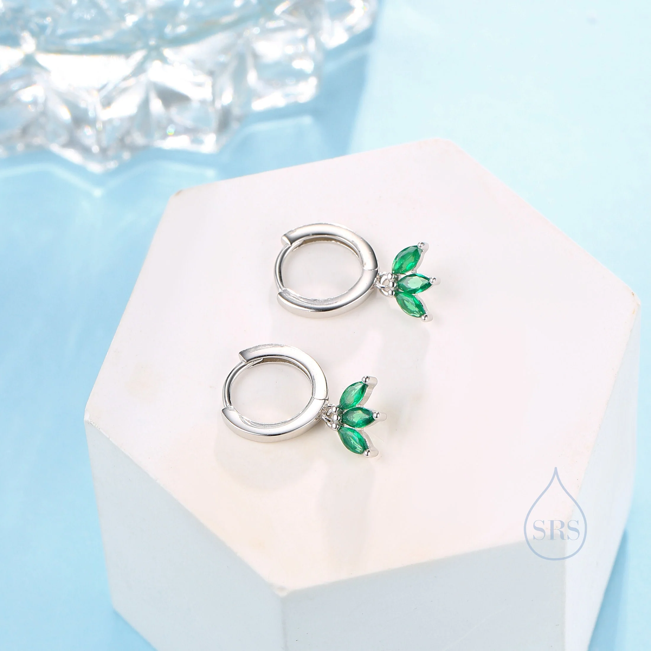 Emerald Green CZ Marquise Crown Huggie Hoop Earrings in Sterling Silver, Silver or Gold, Geometric Hoop Earrings, May Birthstone - Image 5