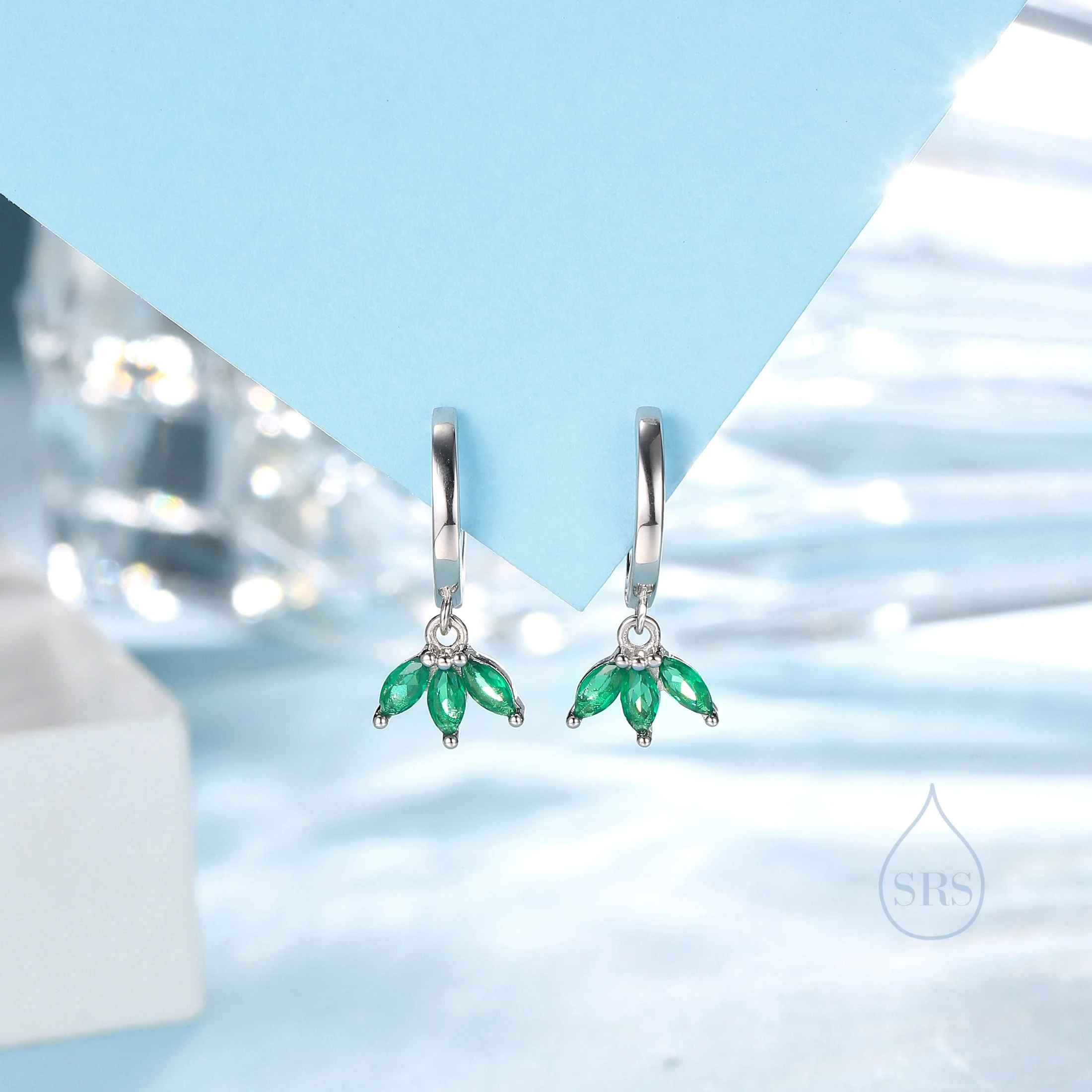 Emerald Green CZ Marquise Crown Huggie Hoop Earrings in Sterling Silver, Silver or Gold, Geometric Hoop Earrings, May Birthstone - Image 7