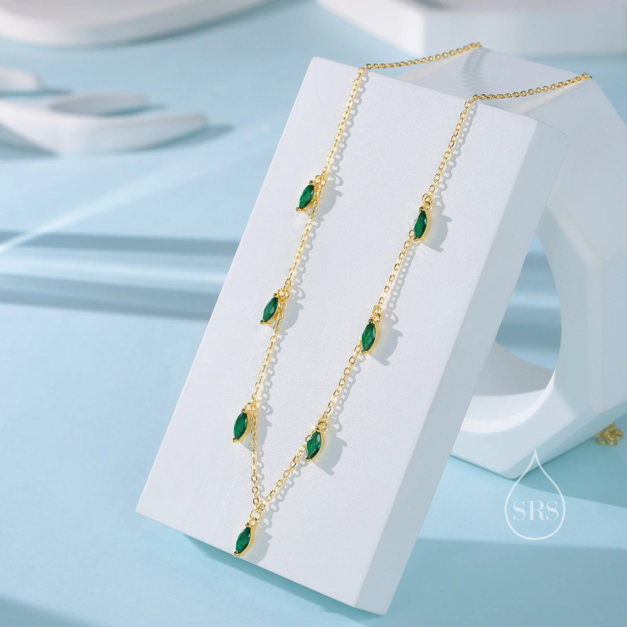 Emerald Green CZ Marquise Pendant Necklace in Sterling Silver, Silver or Gold, Marquise Charm Necklace, Droplet Satellite Necklace - Image 6
