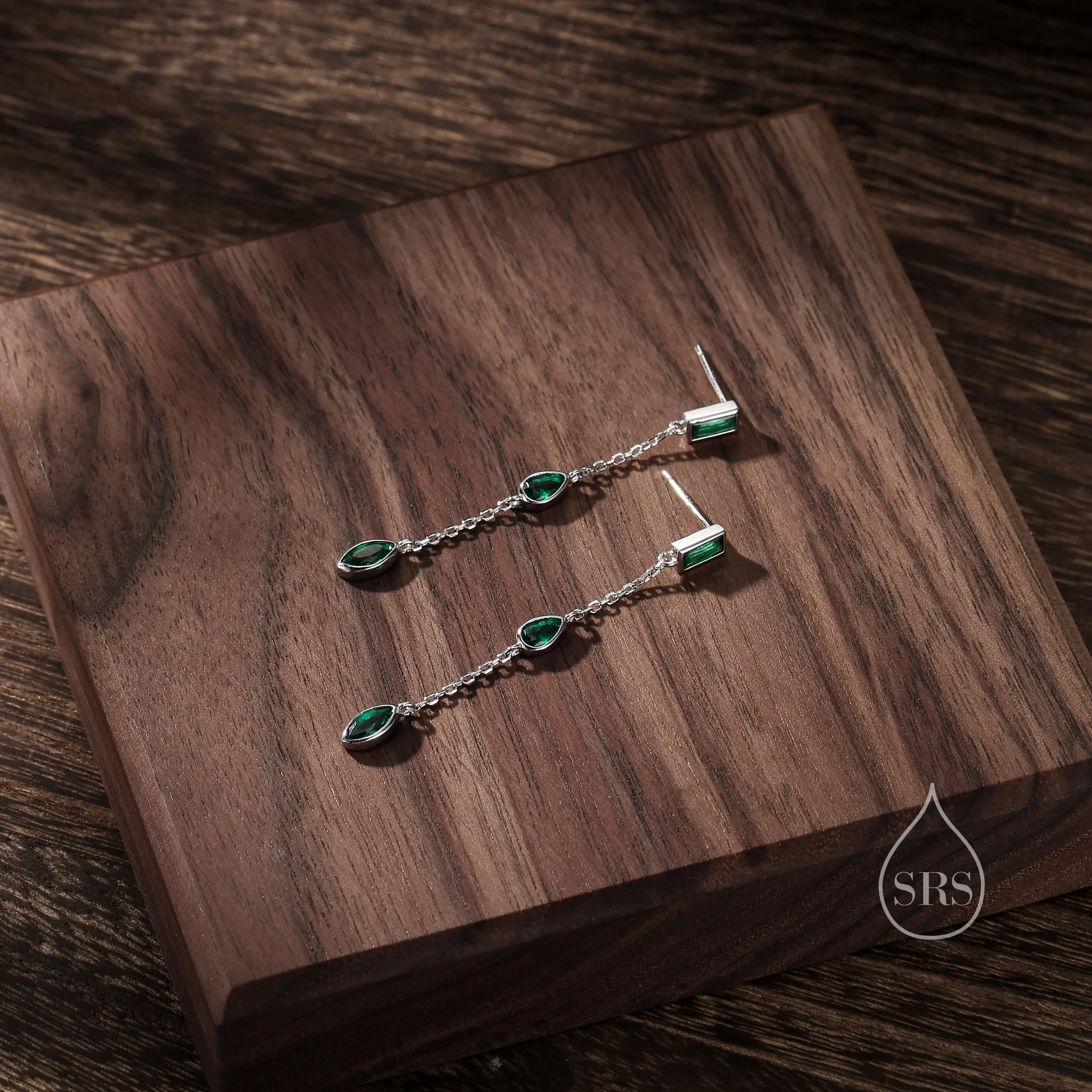 Emerald Green CZ Mismatched Marquise Dangle Drop Stud Earrings in Sterling Silver, Silver or Gold, Pear Cut and Baguette Drop Earrings - Image 3