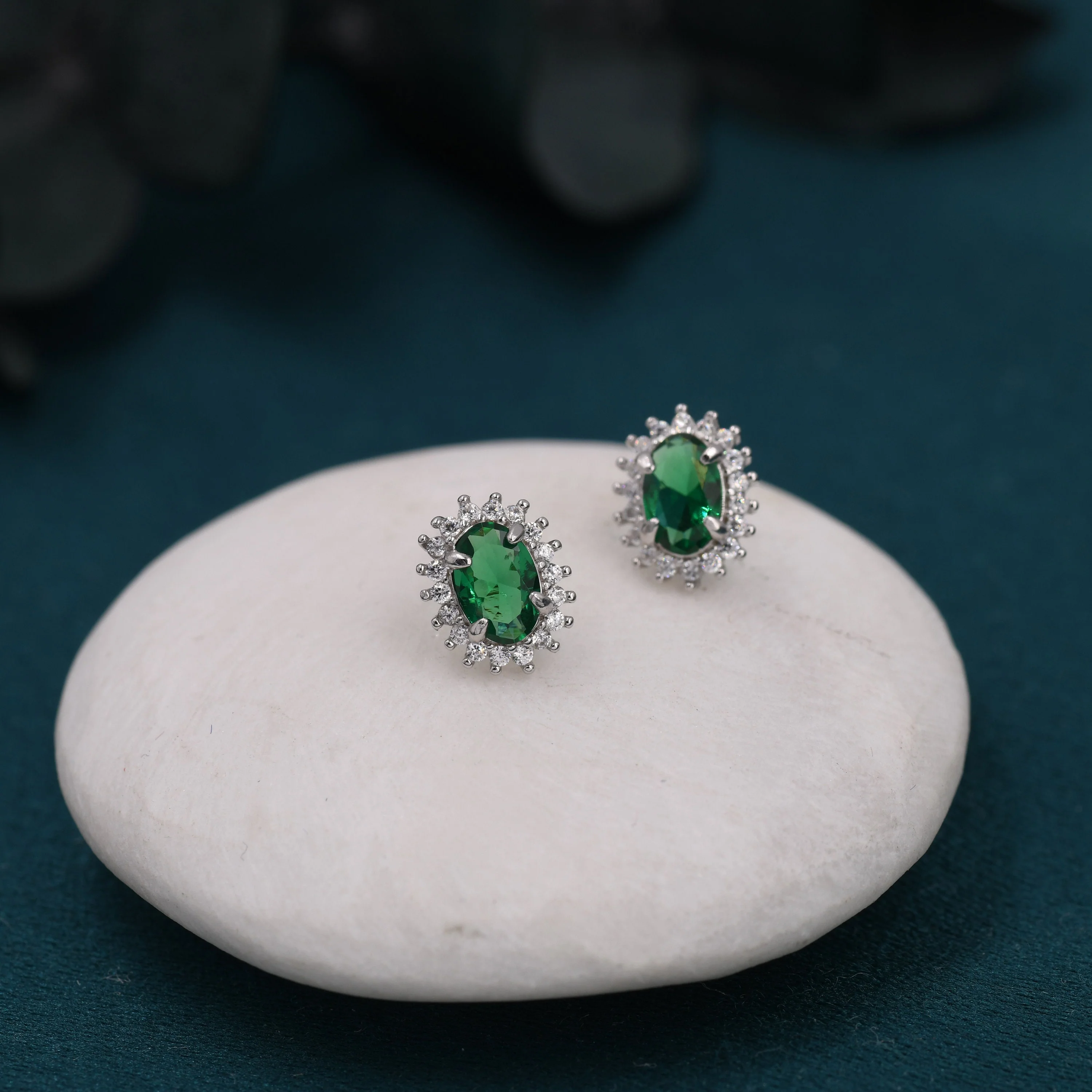 Emerald Green CZ Stud Earrings in Sterling Silver, Green Oval Crystal Stud Earrings, May Birthstone - Image 5