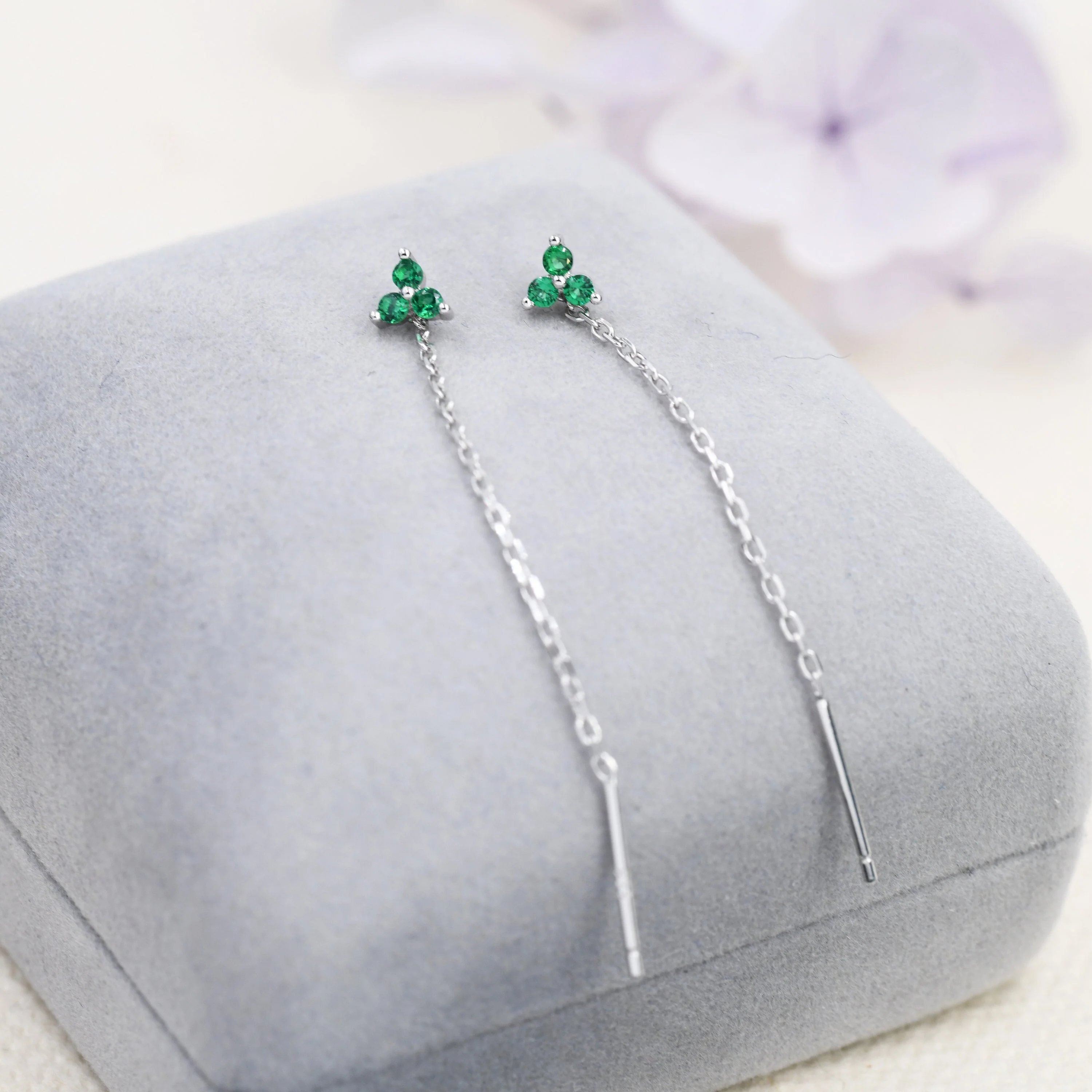 Emerald Green CZ Trio Flower Threader Earrings in Sterling Silver, Silver or Gold, Three Dot Crystal Ear Threaders, Flower CZ Earrings - Image 4