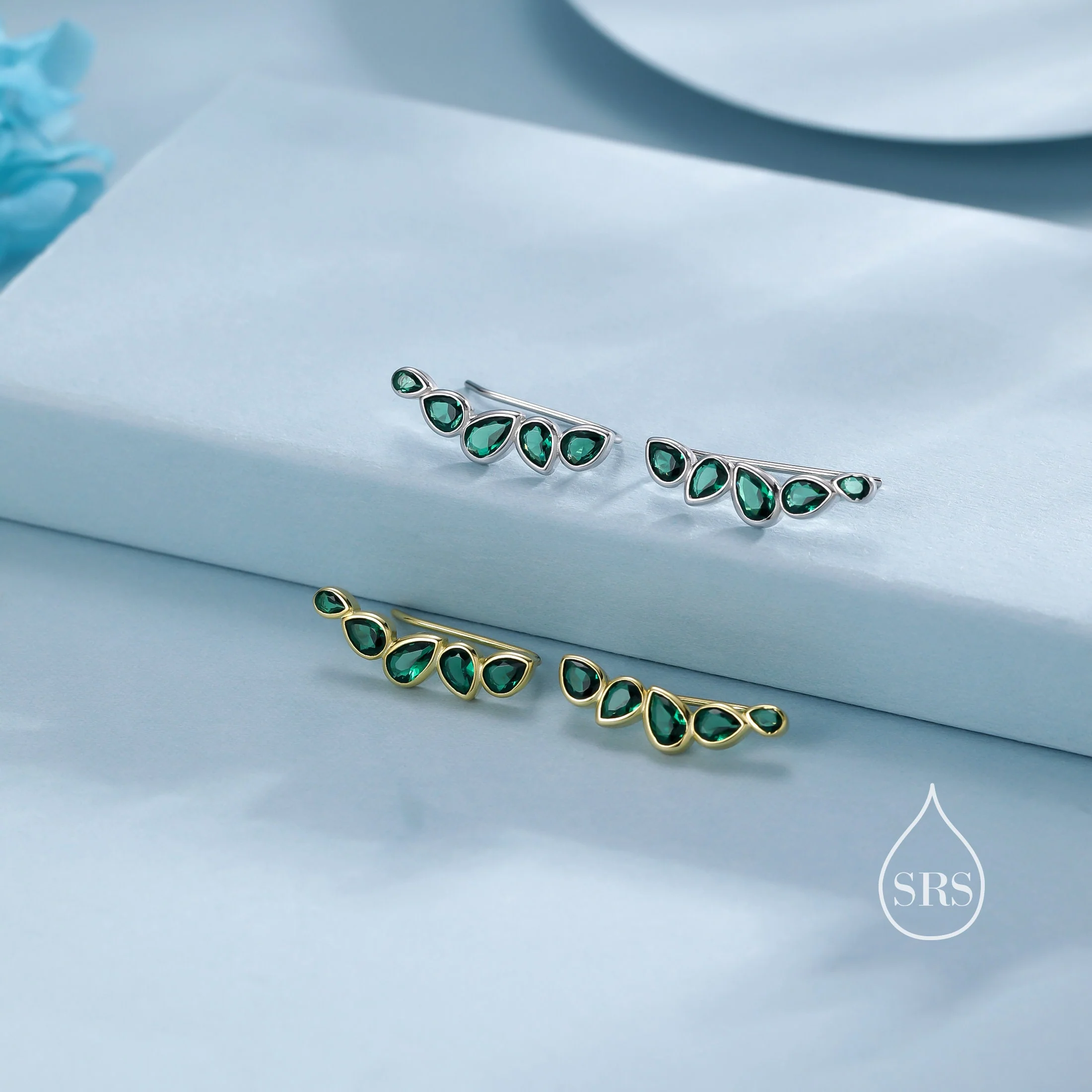 Emerald Green Droplet CZ Cluster Crawler Earrings in Sterling Silver, Silver or Gold, Pear CZ Cluster Crawler, Cluster Earrings - Image 5