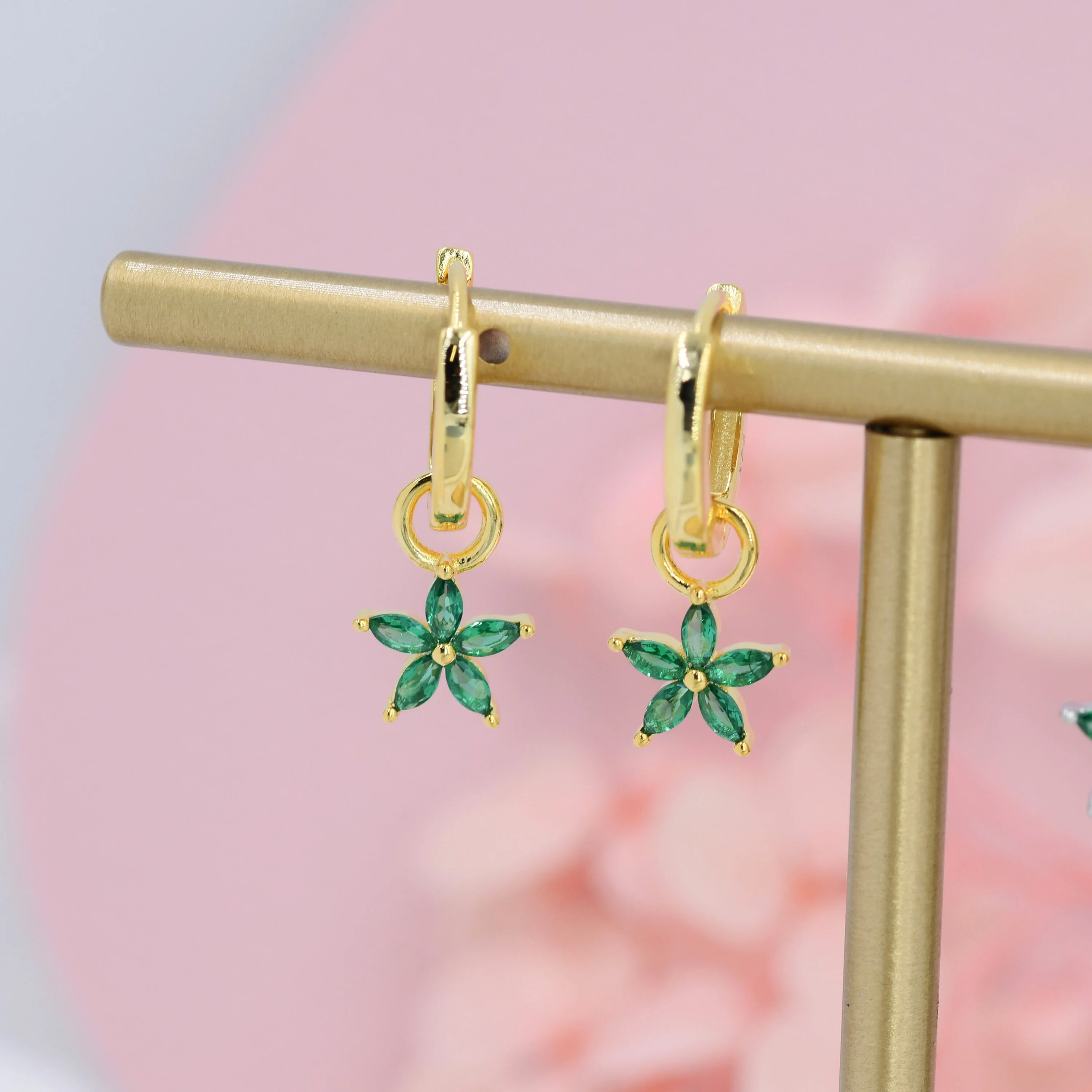Emerald Green Flower CZ Huggie Hoop in Sterling Silver, Silver or Gold, Minimalist Simple Hoop Earrings, Detachable and Interchangeable - Image 3
