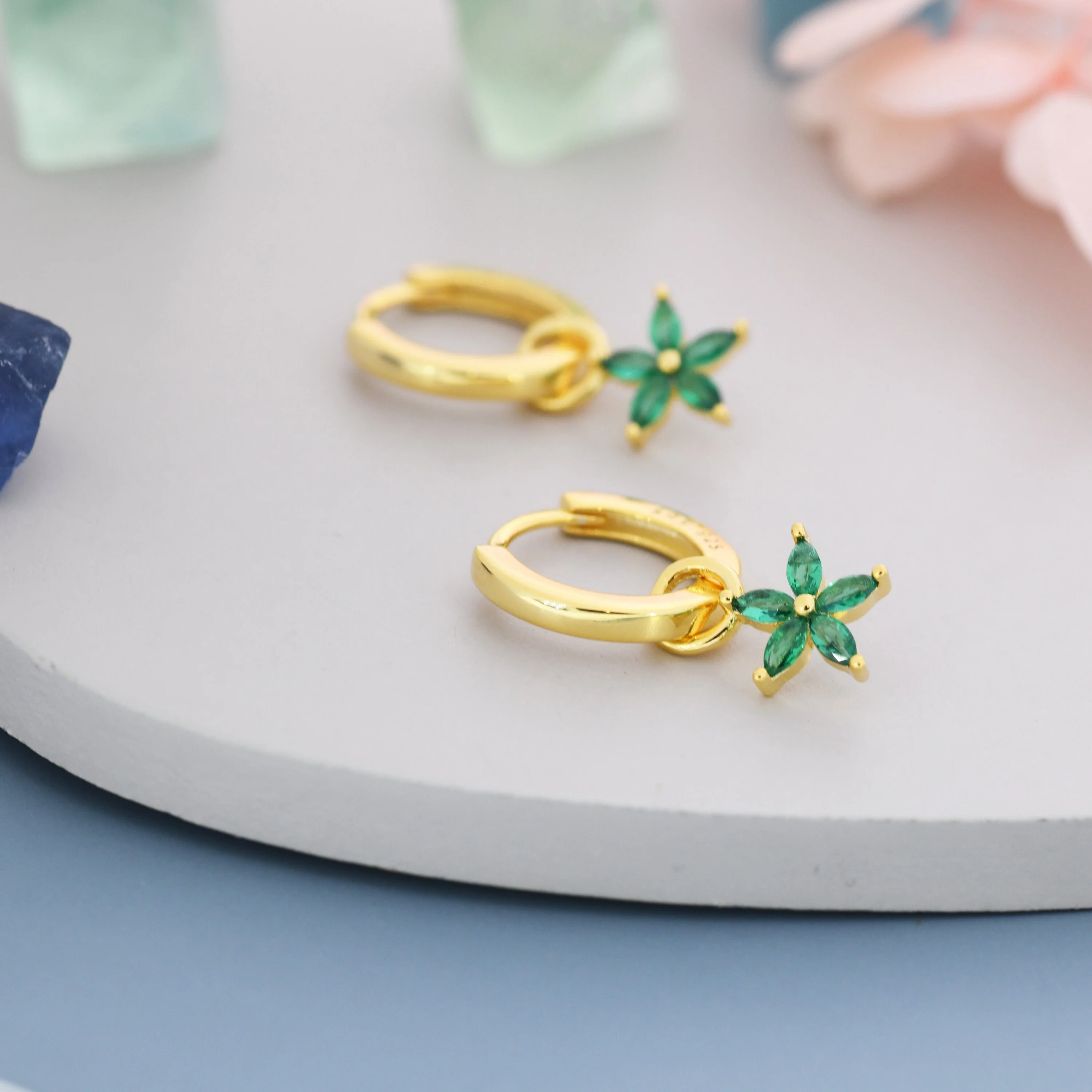 Emerald Green Flower CZ Huggie Hoop in Sterling Silver, Silver or Gold, Minimalist Simple Hoop Earrings, Detachable and Interchangeable - Image 5