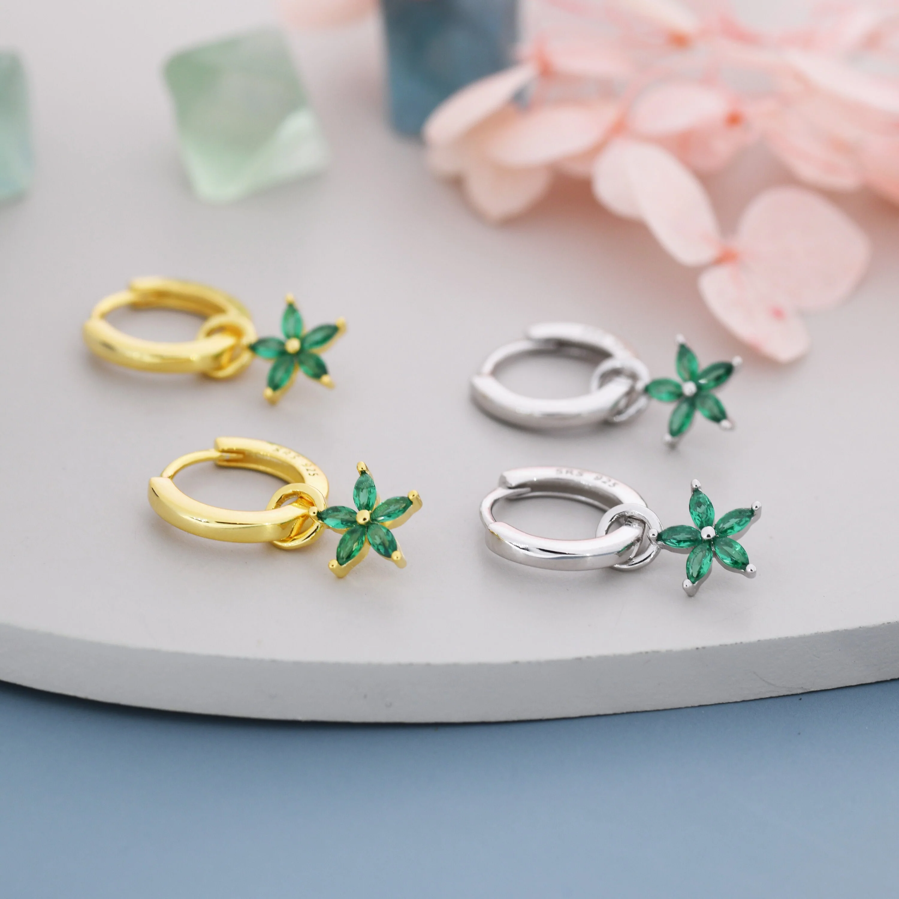 Emerald Green Flower CZ Huggie Hoop in Sterling Silver, Silver or Gold, Minimalist Simple Hoop Earrings, Detachable and Interchangeable - Image 6
