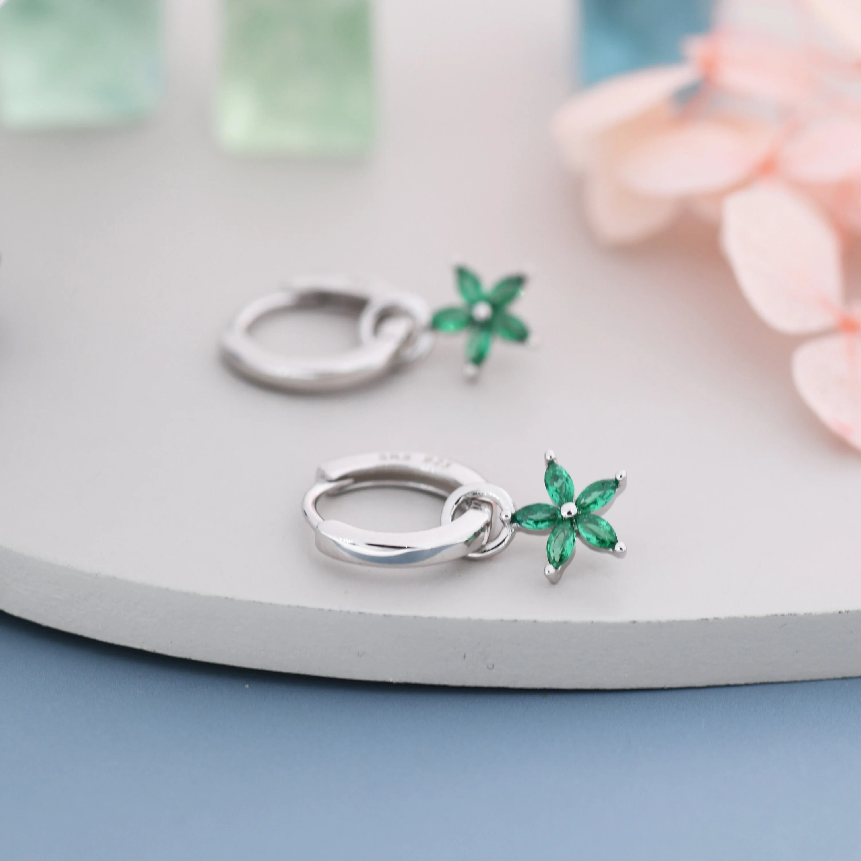 Emerald Green Flower CZ Huggie Hoop in Sterling Silver, Silver or Gold, Minimalist Simple Hoop Earrings, Detachable and Interchangeable - Image 7