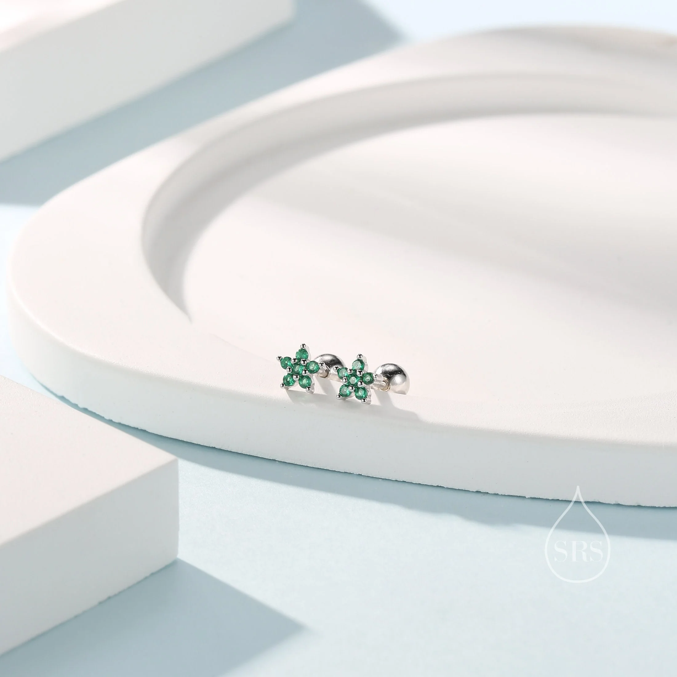 Emerald Green Flower CZ Screw Back Earrings in Sterling Silver, Forget Me Not Floral CZ Earrings, Silver or Gold, Flower CZ Earrings - Image 2