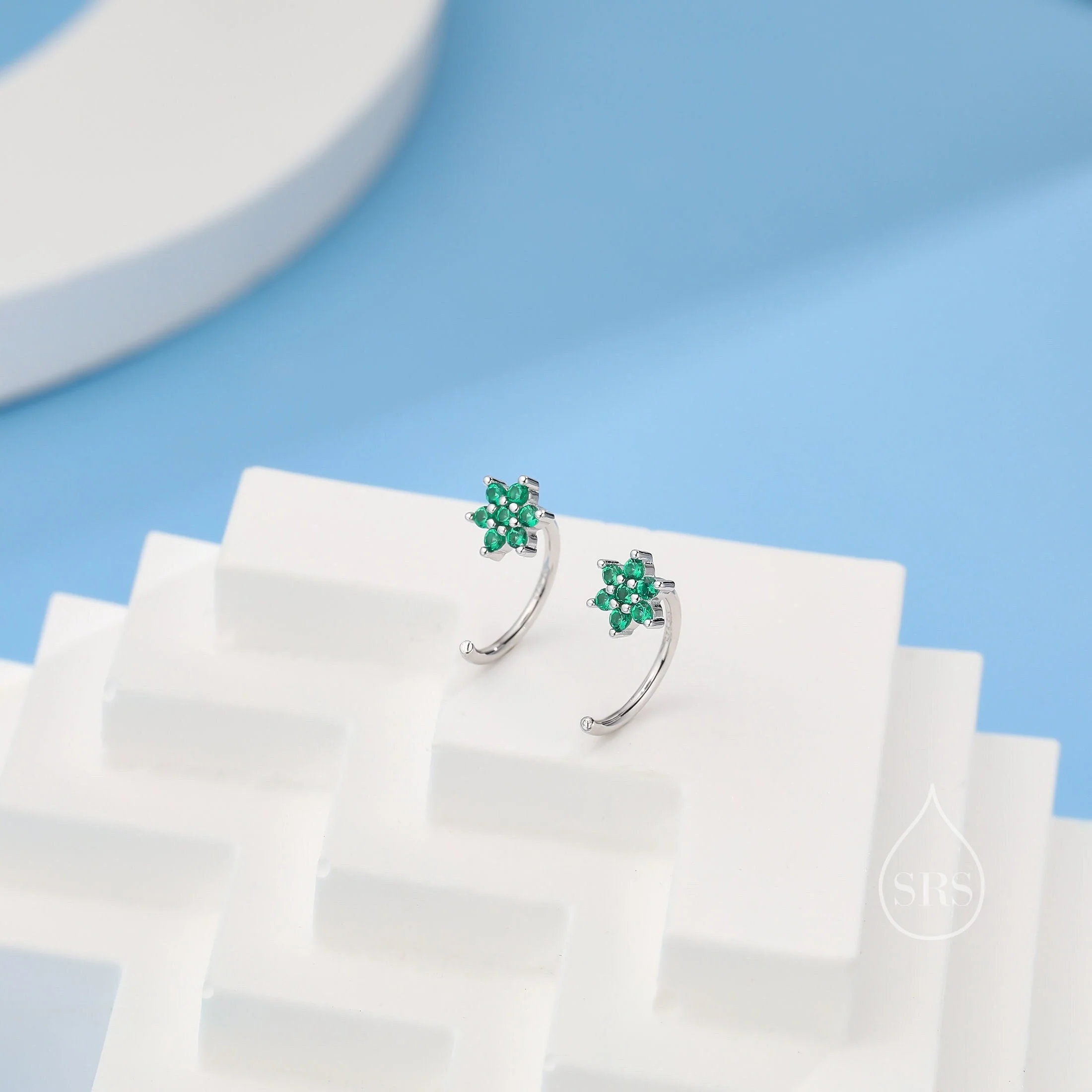 Emerald Green Flower Huggie Hoop Earrings in Sterling Silver, Tiny CZ Cluster Open Hoops, Pull Through Threaders, Half Hoops