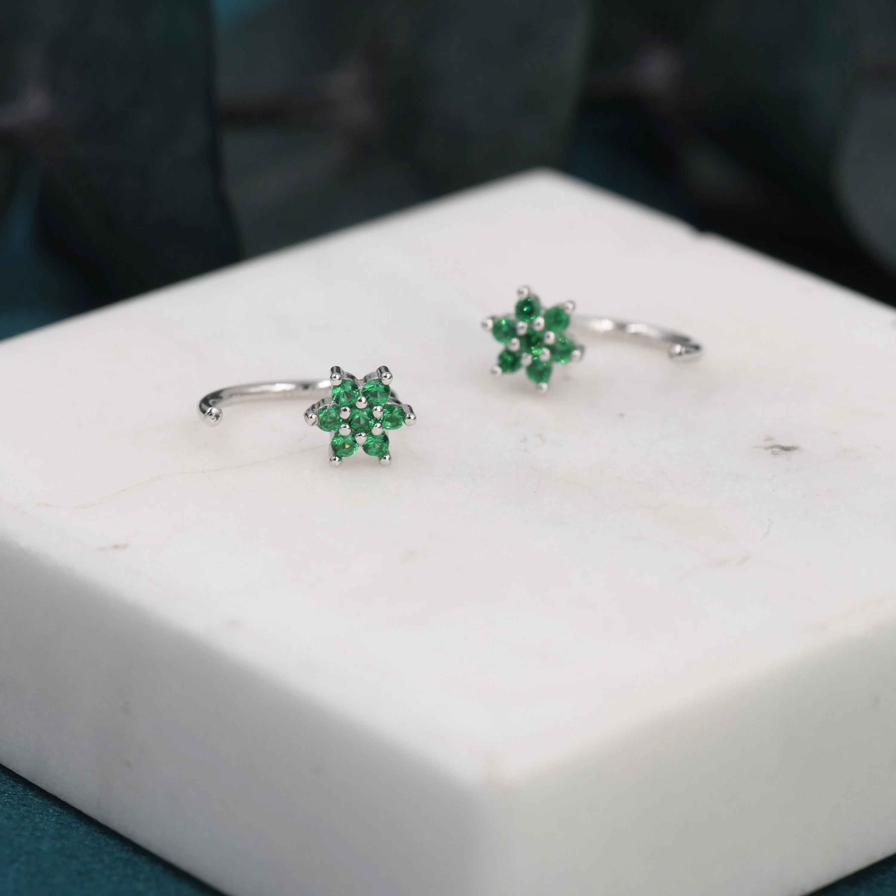 Emerald Green Flower Huggie Hoop Earrings in Sterling Silver, Tiny CZ Cluster Open Hoops, Pull Through Threaders, Half Hoops - Image 7