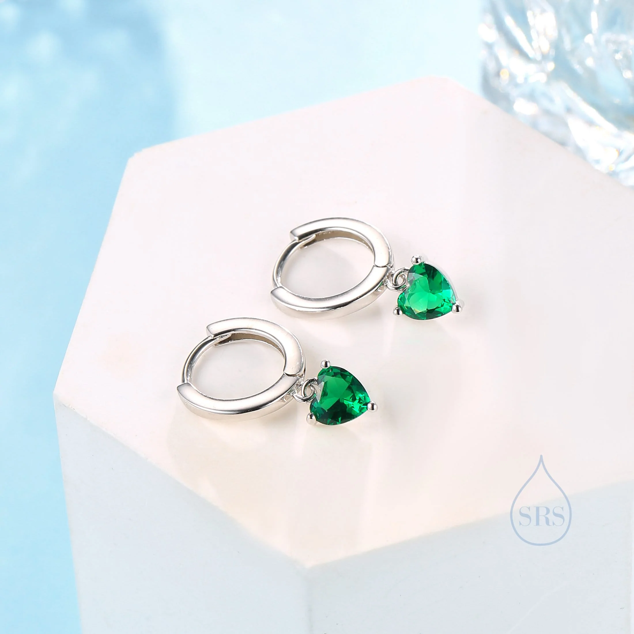 Emerald Green Heart CZ Huggie Hoop in Sterling Silver, Silver or Gold, 8mm Inner Diameter, Stacking Earrings, May Birthstone - Image 3