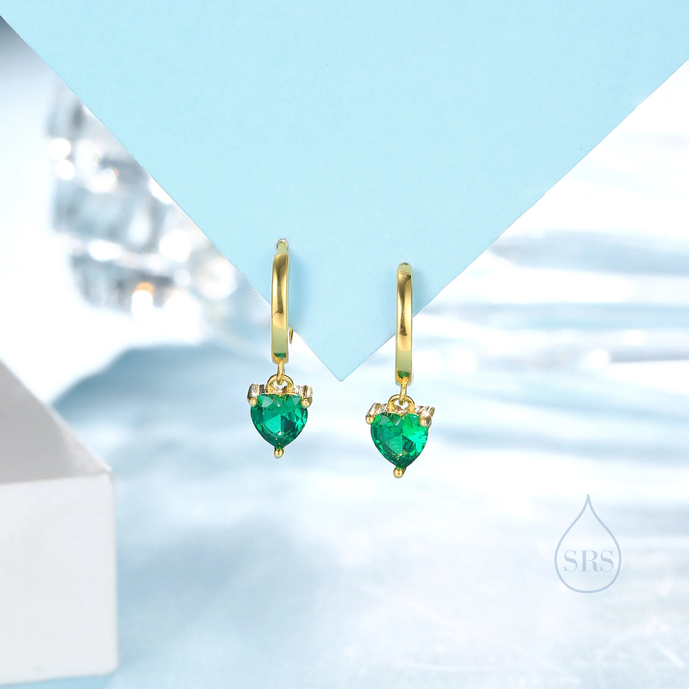 Emerald Green Heart CZ Huggie Hoop in Sterling Silver, Silver or Gold, 8mm Inner Diameter, Stacking Earrings, May Birthstone - Image 8