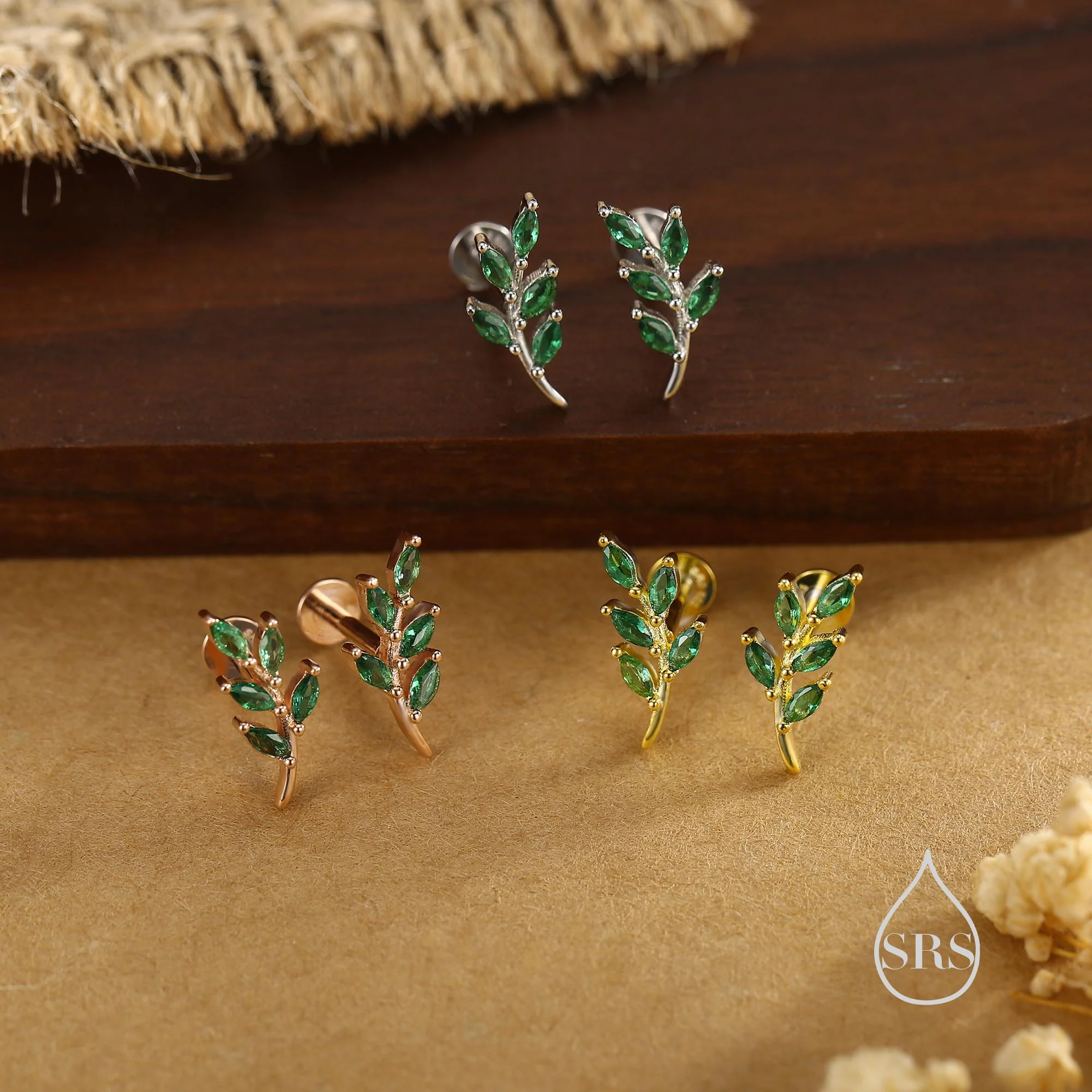 Emerald Green Leaf 16G Internally Threaded Flat Back Earrings in Sterling Silver - Image 6