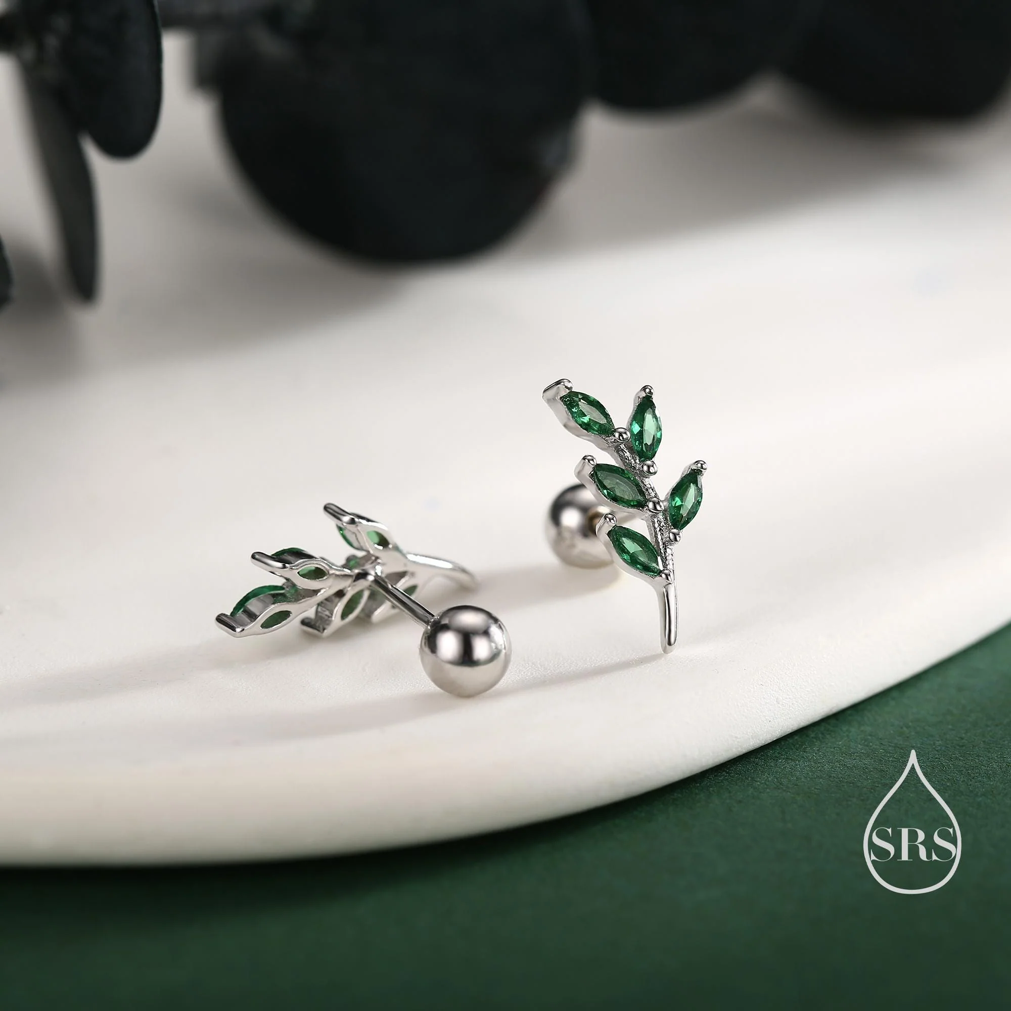 Emerald Green Leaf 18G Screw Back Earrings in Sterling Silver