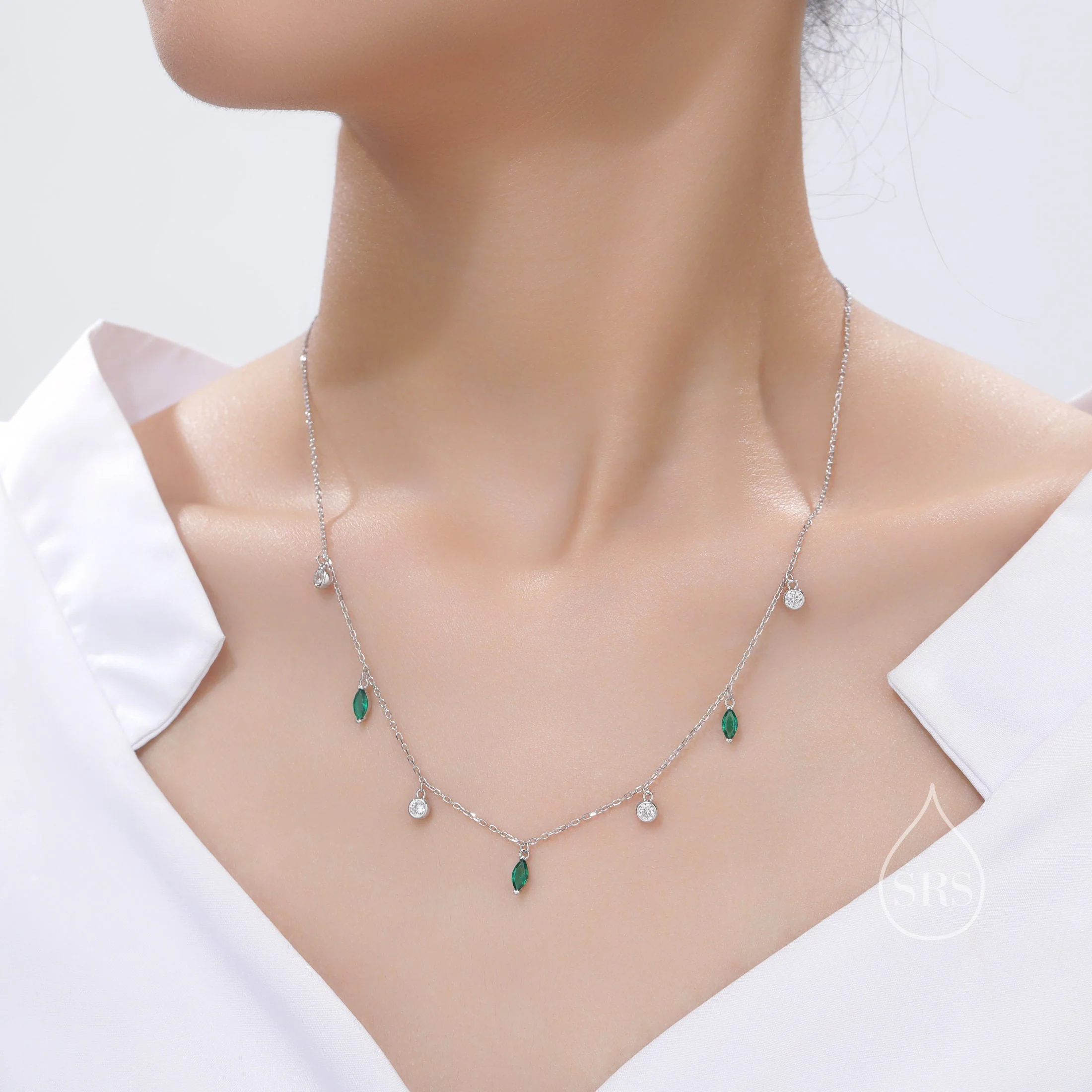 Emerald Green Marquise CZ Dangle Necklace in Sterling Silver, Silver or Gold, Satellite Crystal Necklace, Solid Silver Motif Necklace