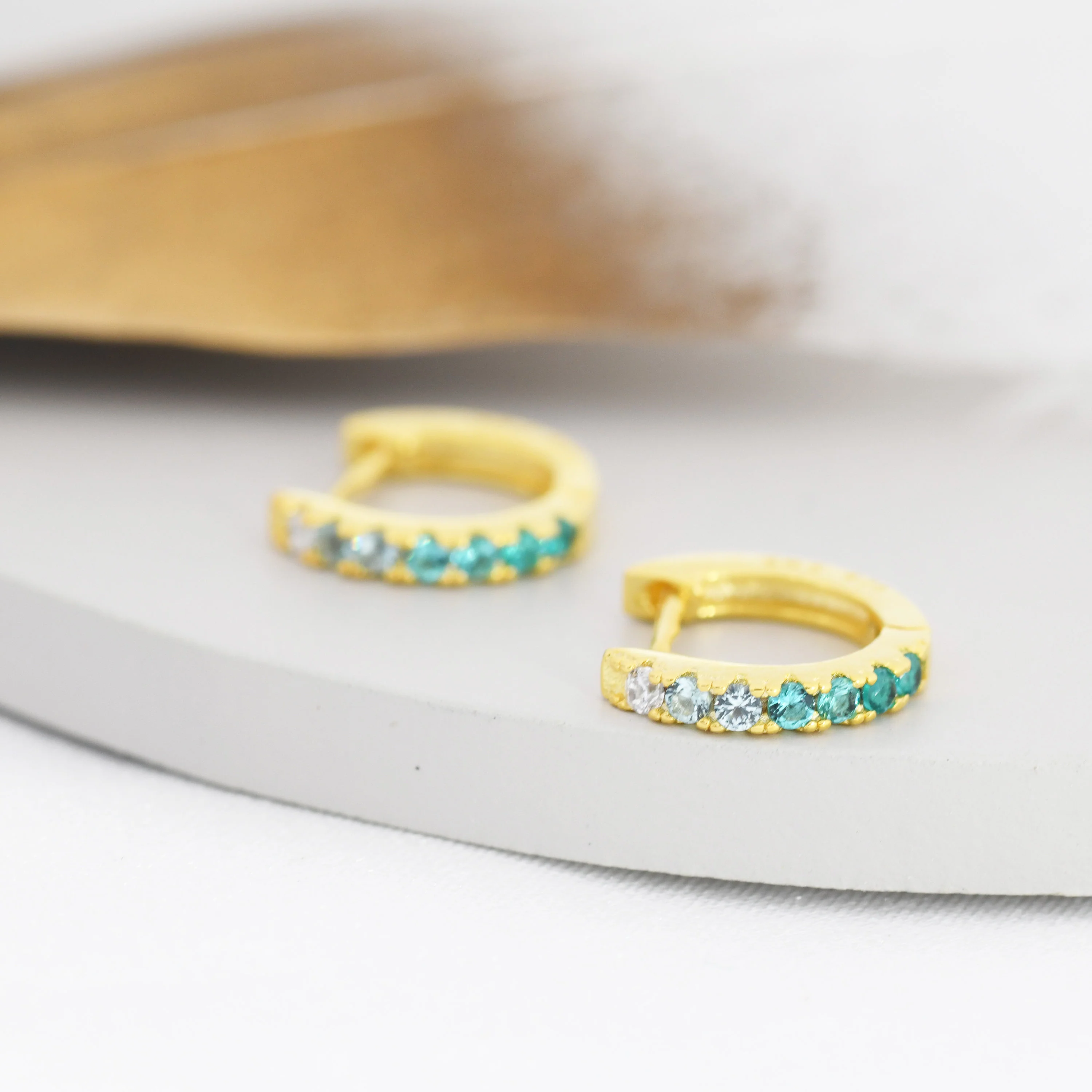 Emerald Green Ombre CZ Huggie Hoops in Sterling Silver, Silver or Gold, Minimalist Hoop Earrings, 8mm Hoops, cartilage hoops, Gradient - Image 4