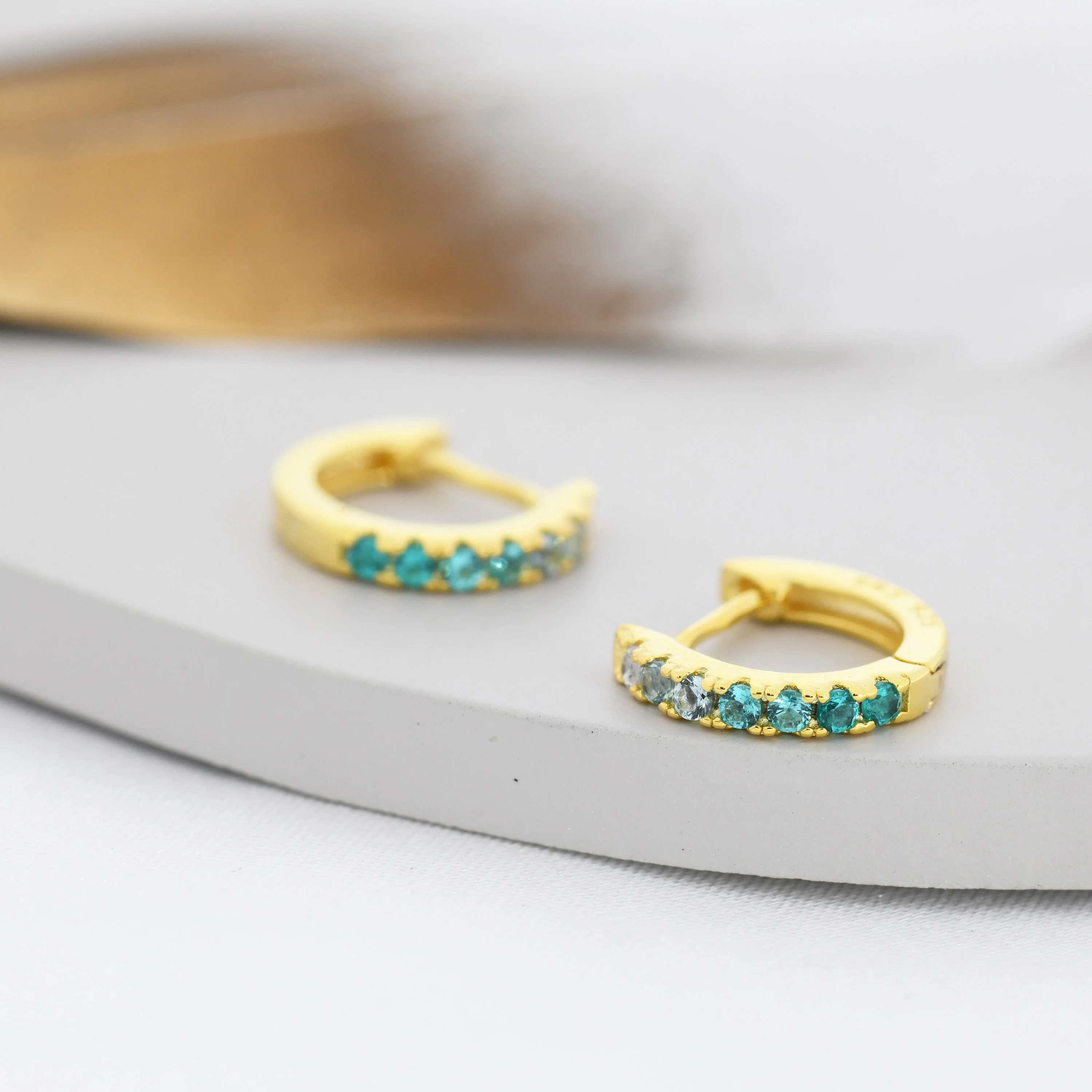 Emerald Green Ombre CZ Huggie Hoops in Sterling Silver, Silver or Gold, Minimalist Hoop Earrings, 8mm Hoops, cartilage hoops, Gradient - Image 5