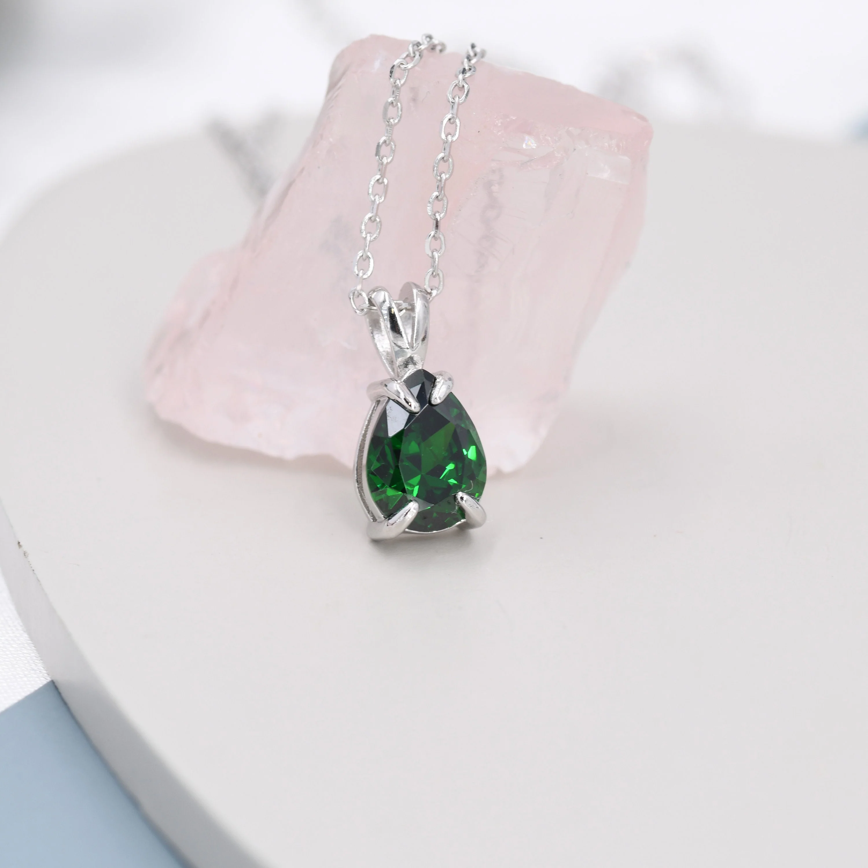 Emerald Green Pear Cut CZ Necklace in Sterling Silver, 7 x 9mm, Droplet Black Diamond Necklace, Diamond CZ