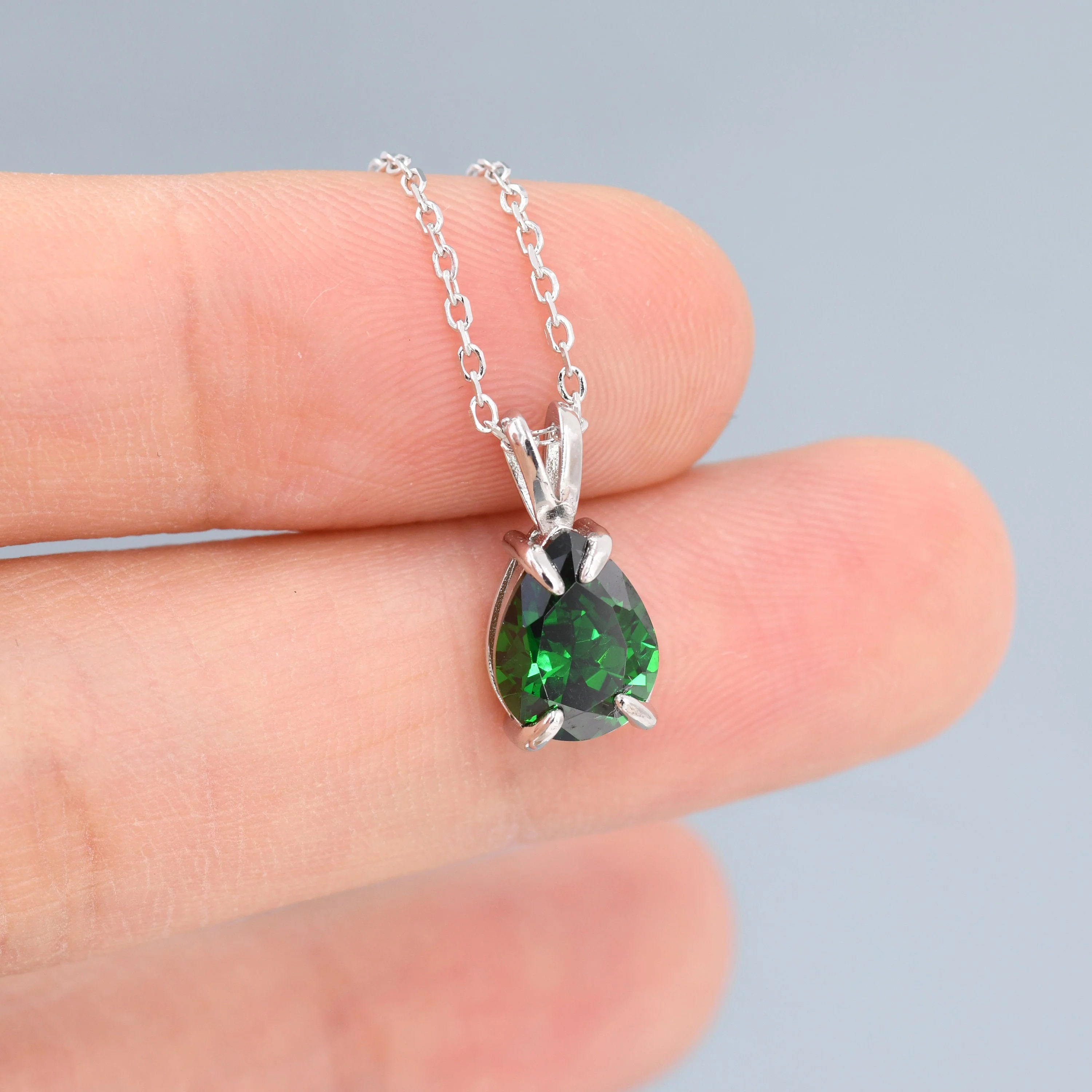 Emerald Green Pear Cut CZ Necklace in Sterling Silver, 7 x 9mm, Droplet Black Diamond Necklace, Diamond CZ - Image 2