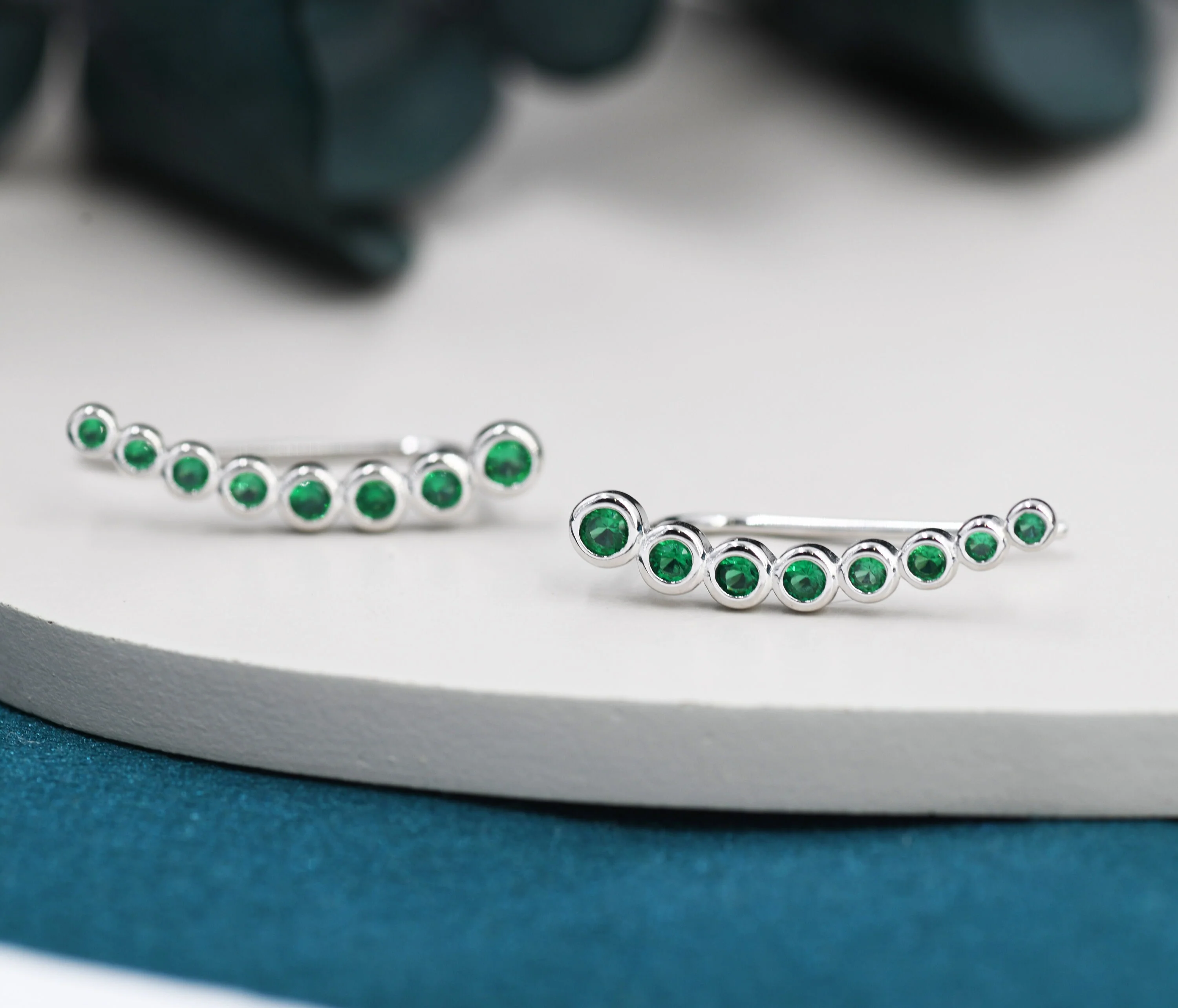 Emerald Green Pebble CZ Crawler Earrings in Sterling Silver, Silver or Gold, Dotted Ear Crawlers, Dots Crawler, Bobble Crawlers - Image 3