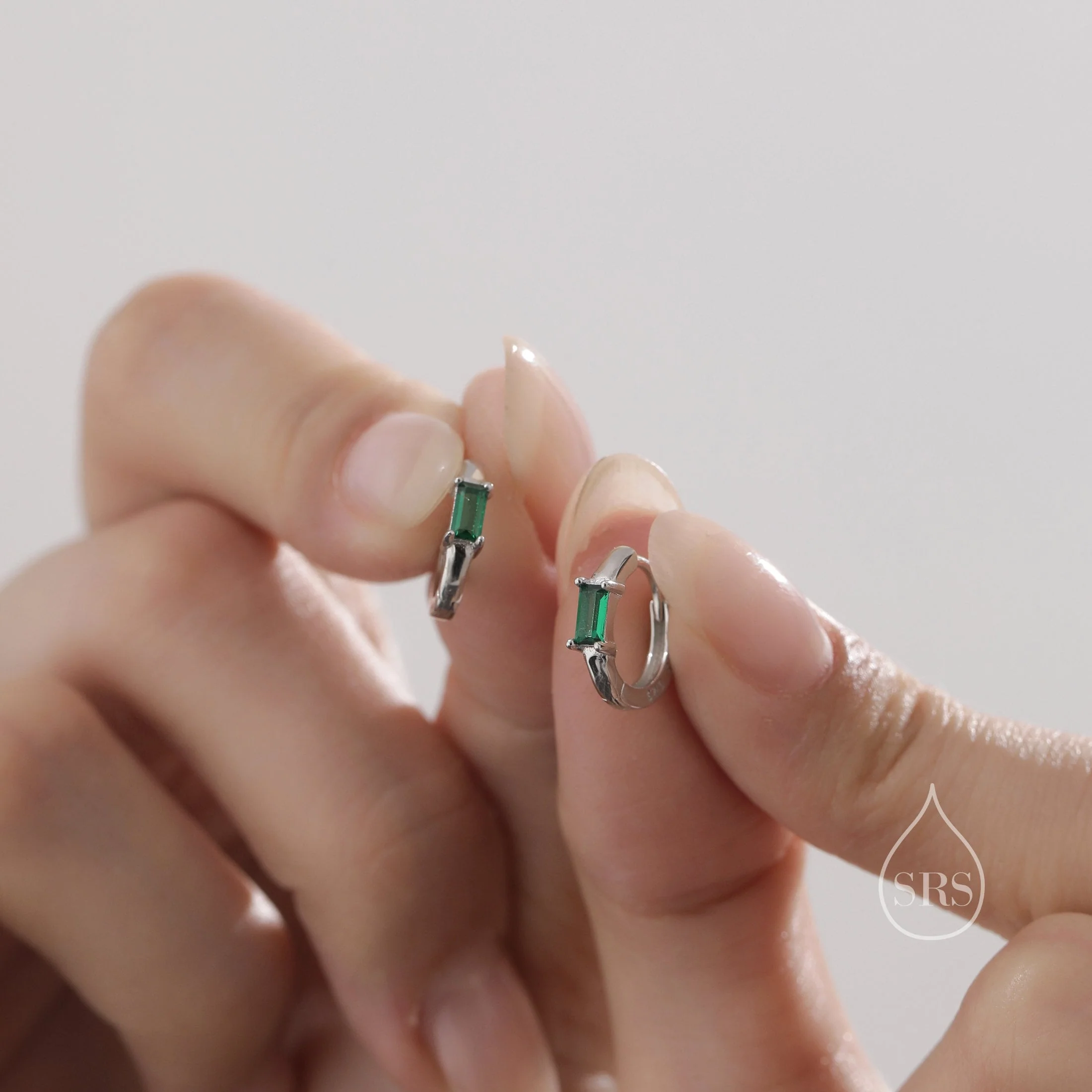 Emerald Green Single Baguette Cut CZ Huggie Hoop in Sterling Silver, Silver or Gold, Minimalist Simple Green Hoop Earrings - Image 2